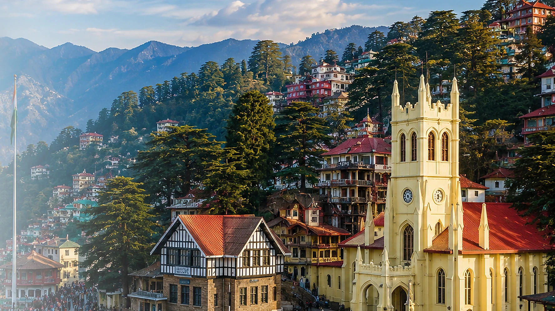 Beautiful panoramic view of Shimla with Himalayan mountains and colonial architecture