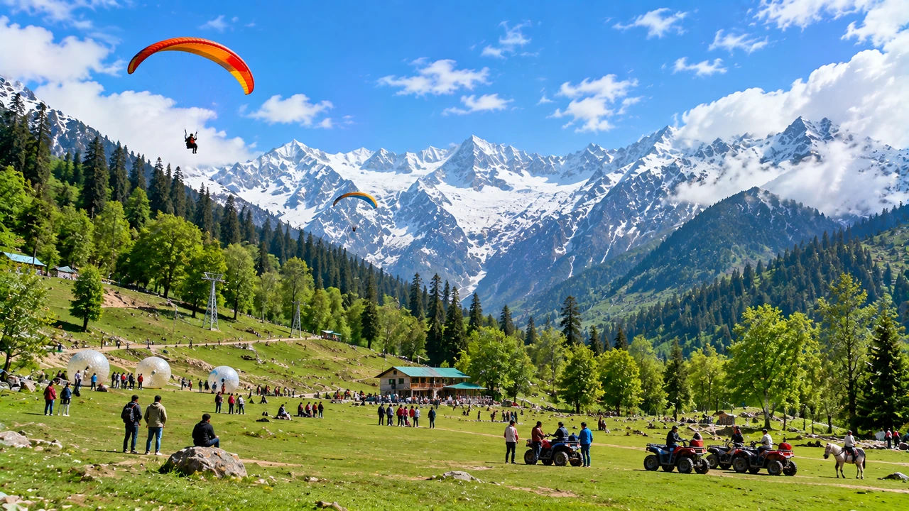 Solang Valley near Manali with paragliders and Himalayan mountains