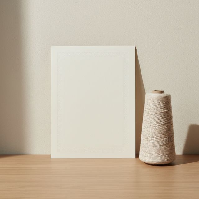 A transaction certificate laid flat on a desk beside a cone of yarn