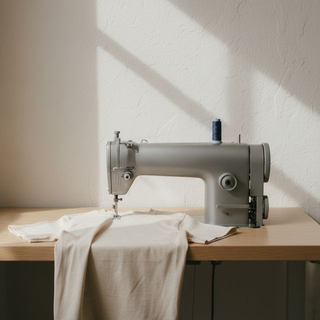 A sewing line in a small factory, a tee under the needle