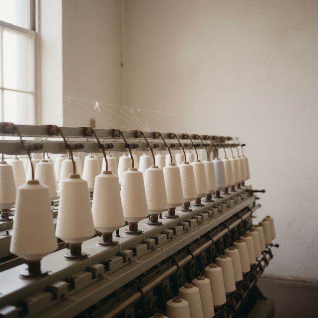 Ring-spinning frames in a mill, cones filling with undyed yarn