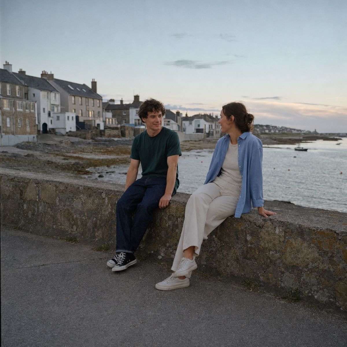 Two people in a bottle-green tee and a washed-blue oxford shirt on a harbour wall at dusk