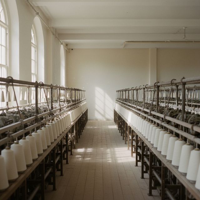A spinning-mill floor, cones of undyed cotton yarn in rows