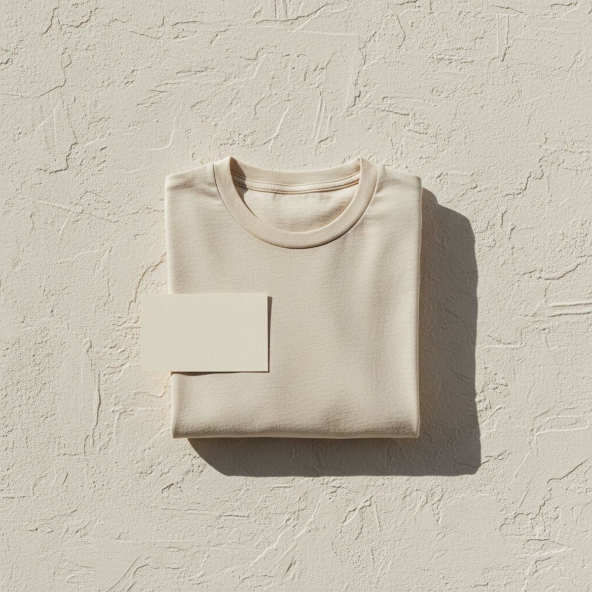 A folded ecru tee with its passport card tucked into the collar
