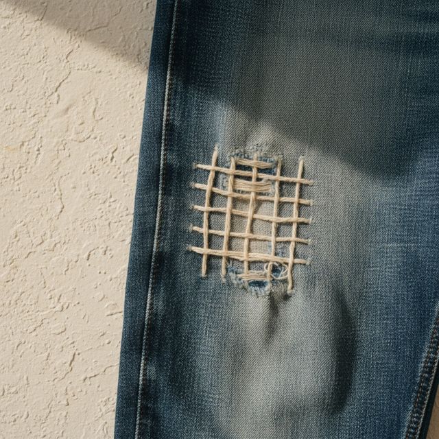 A darned knee on a pair of indigo jeans, the repair stitches visible