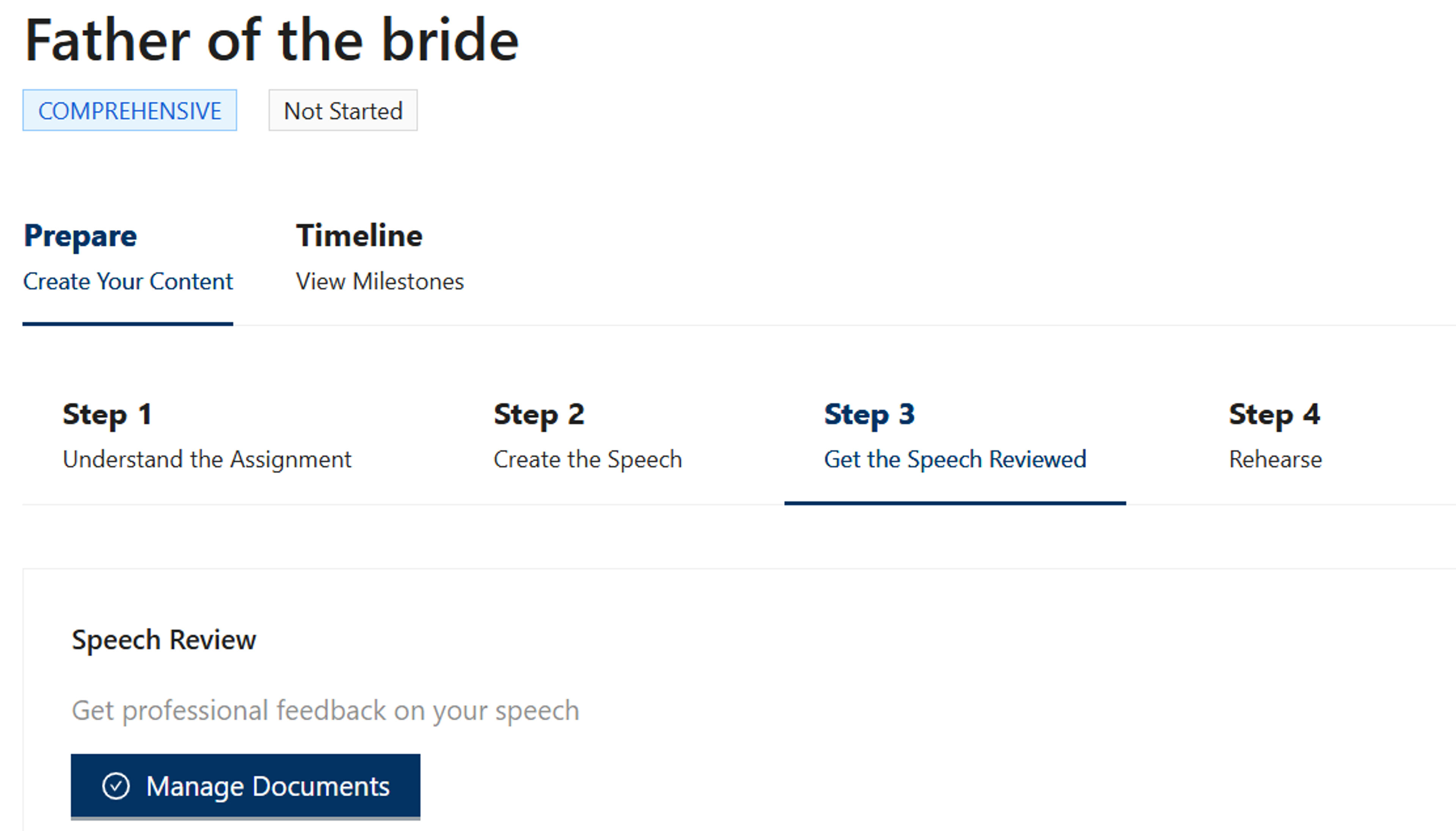 Speaker dashboard Step 3 showing Manage Documents button