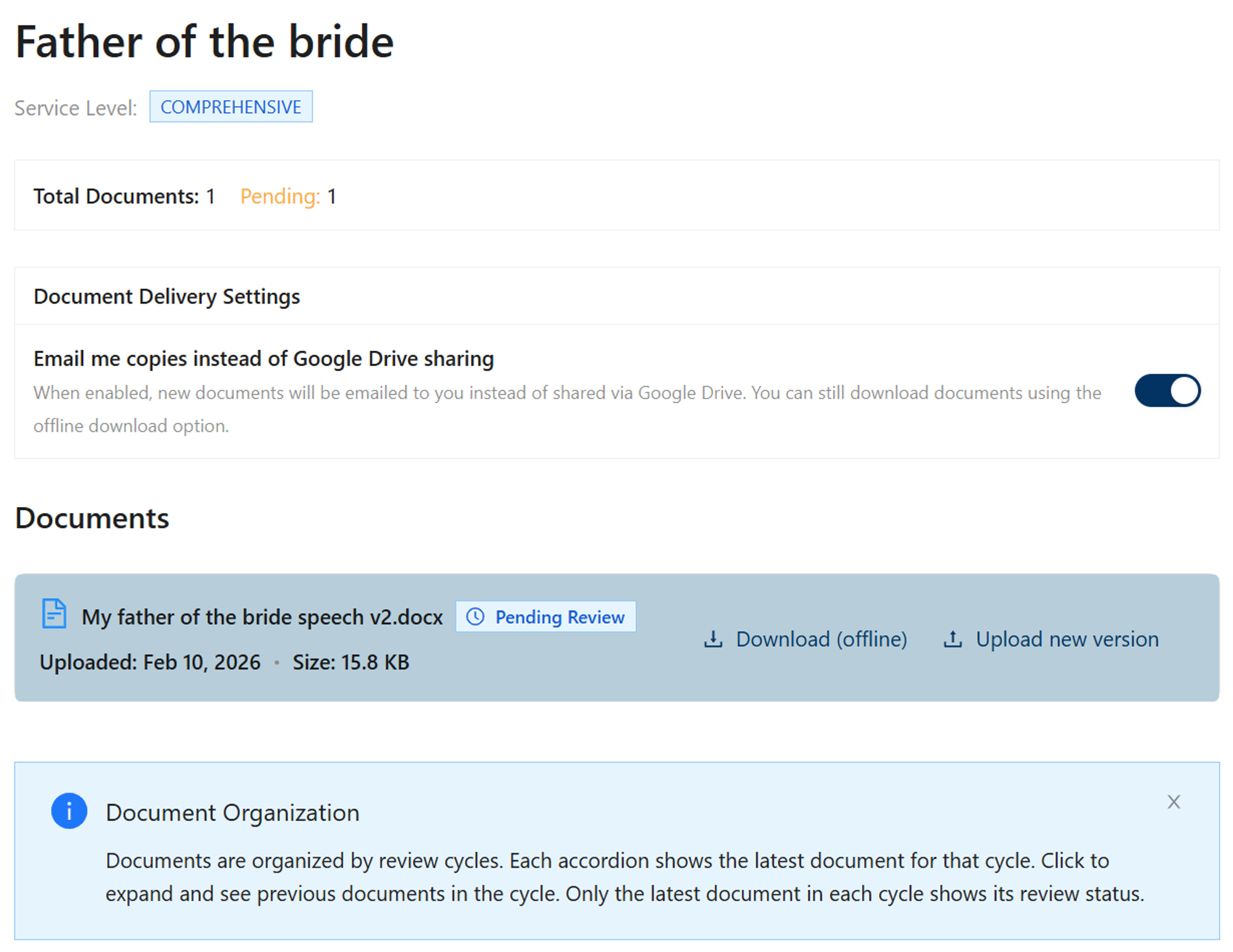 Document upload interface showing uploaded speech document