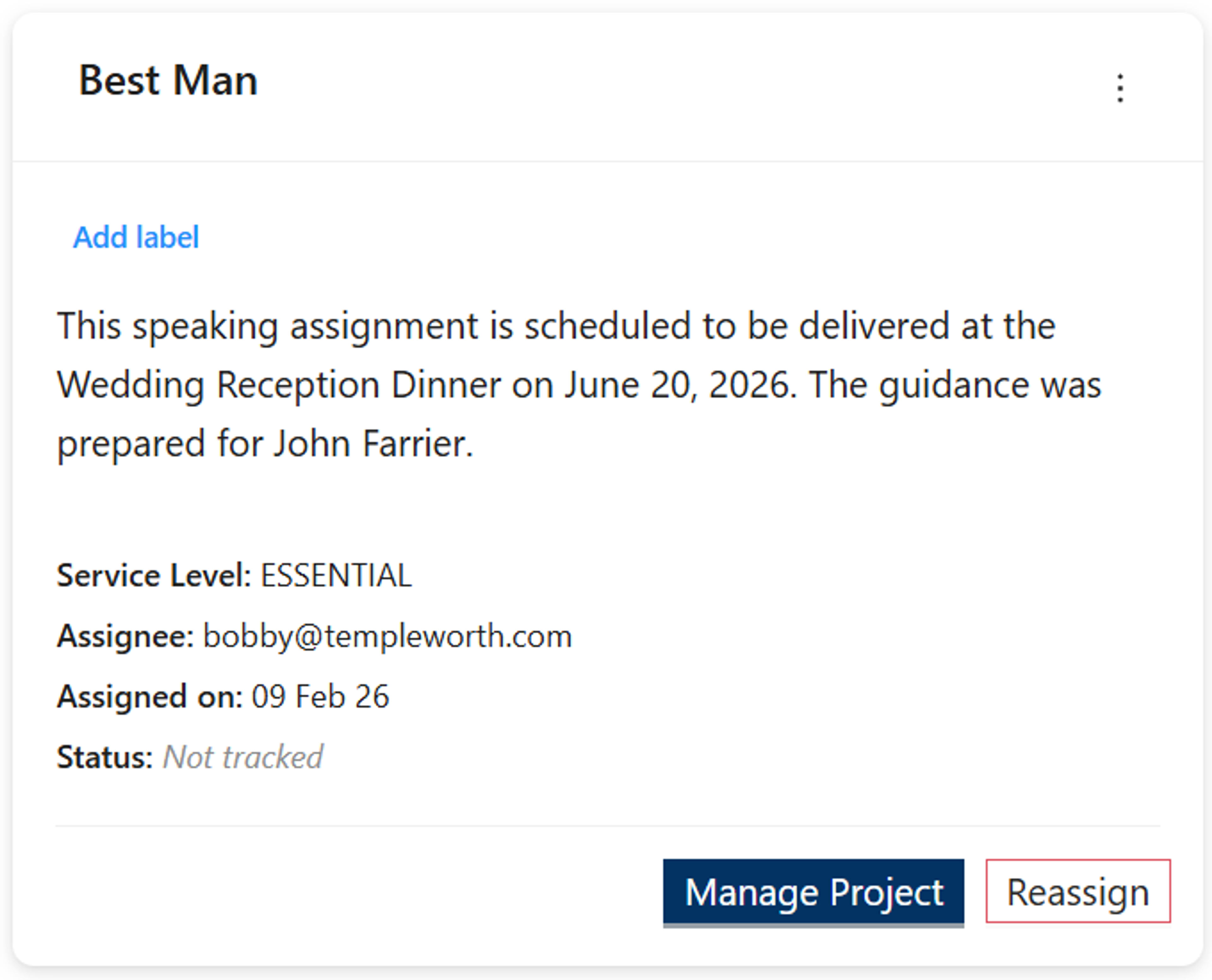 Project management page with START button