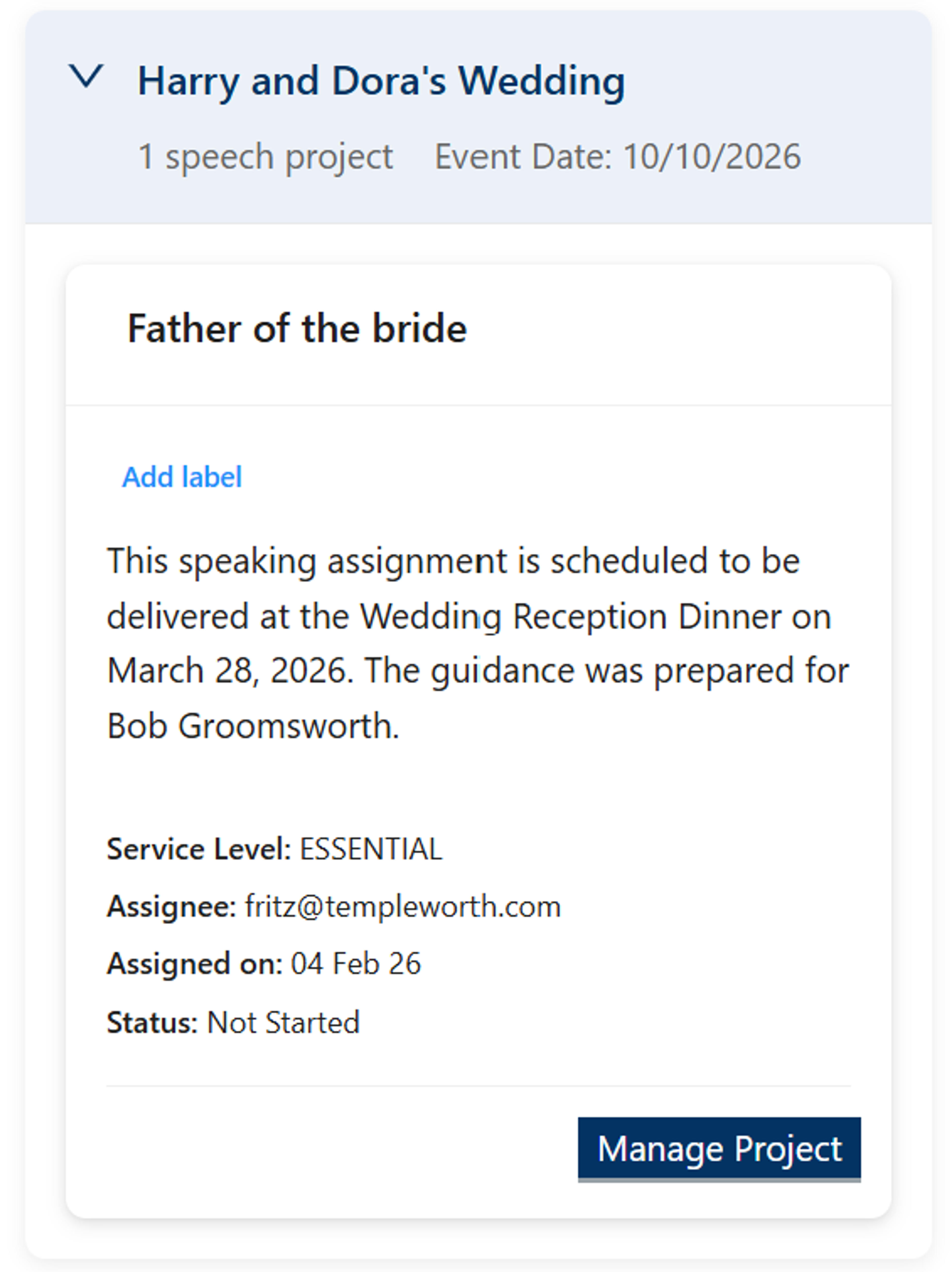 Mobile view of assigned speech project card