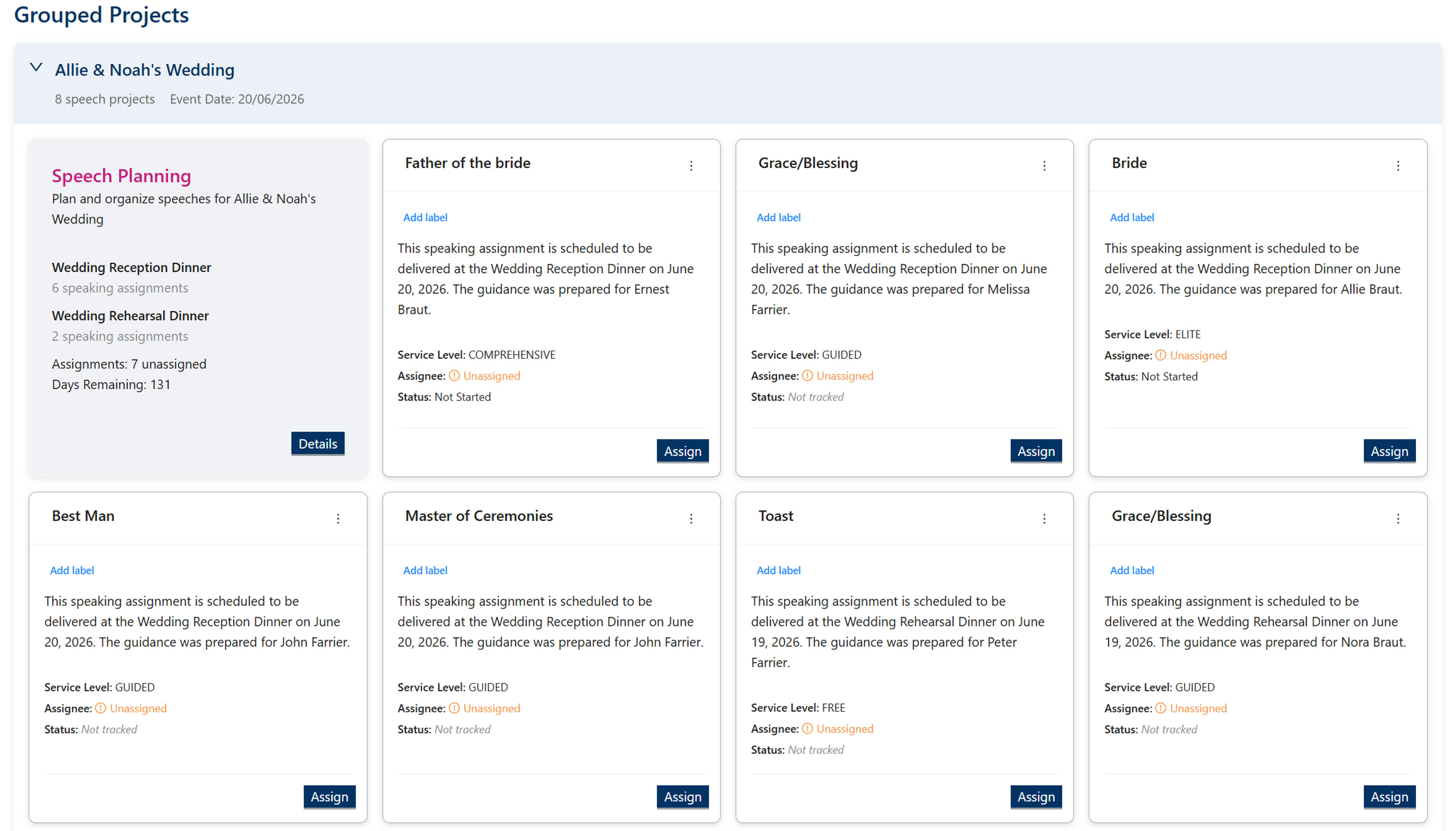 My Projects page showing multiple projects with Assign buttons