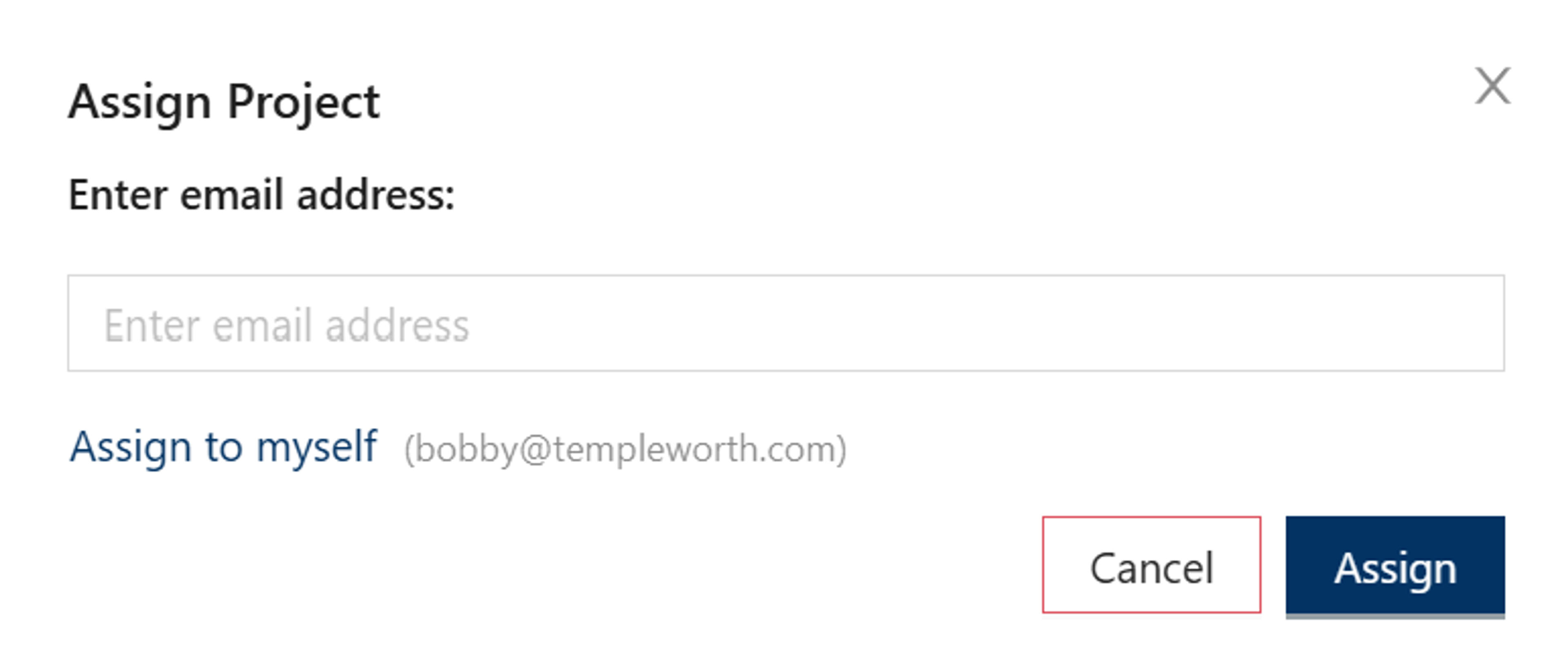 Assignment dialog showing email input