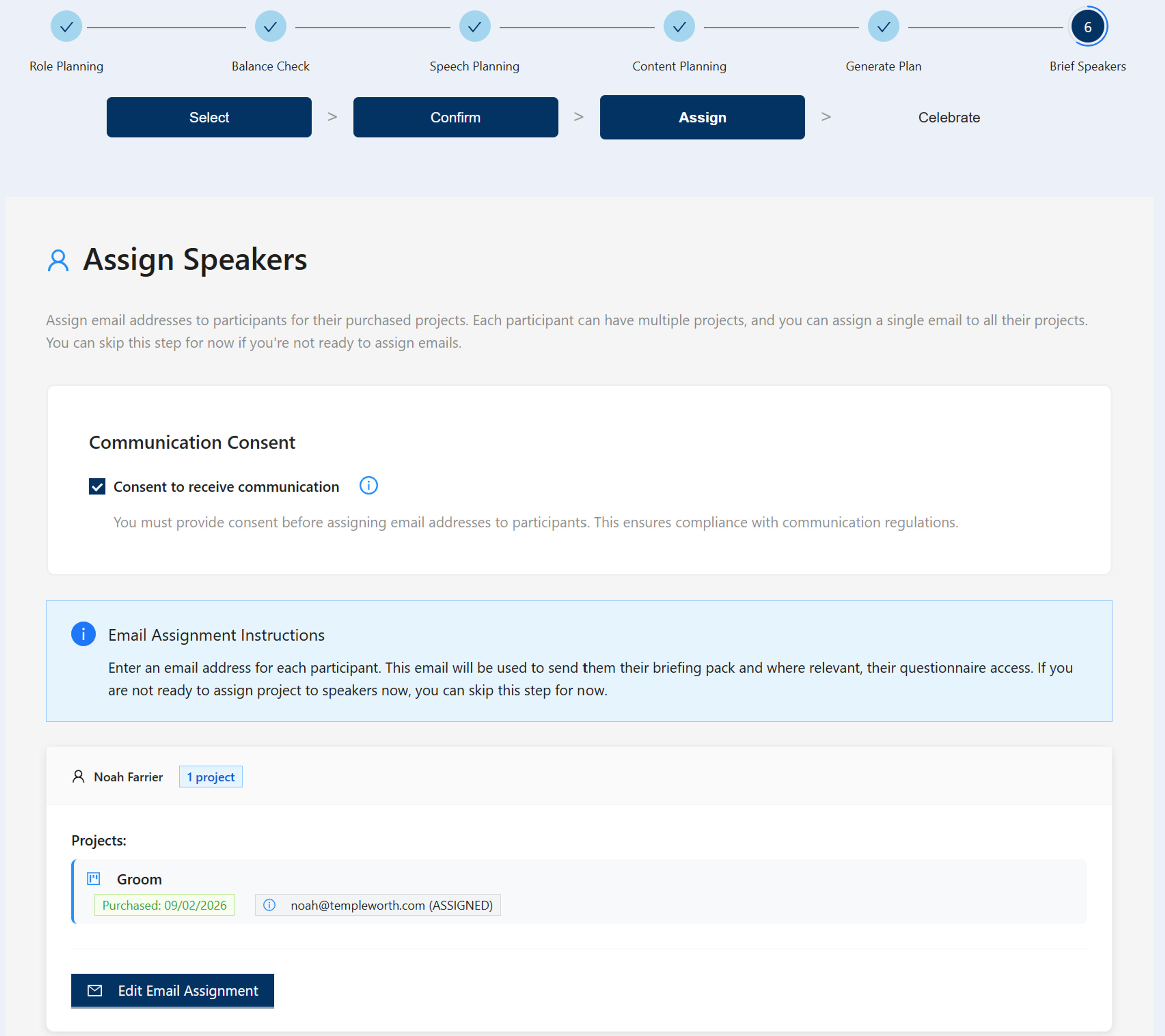 Planning tool showing speech project assignment