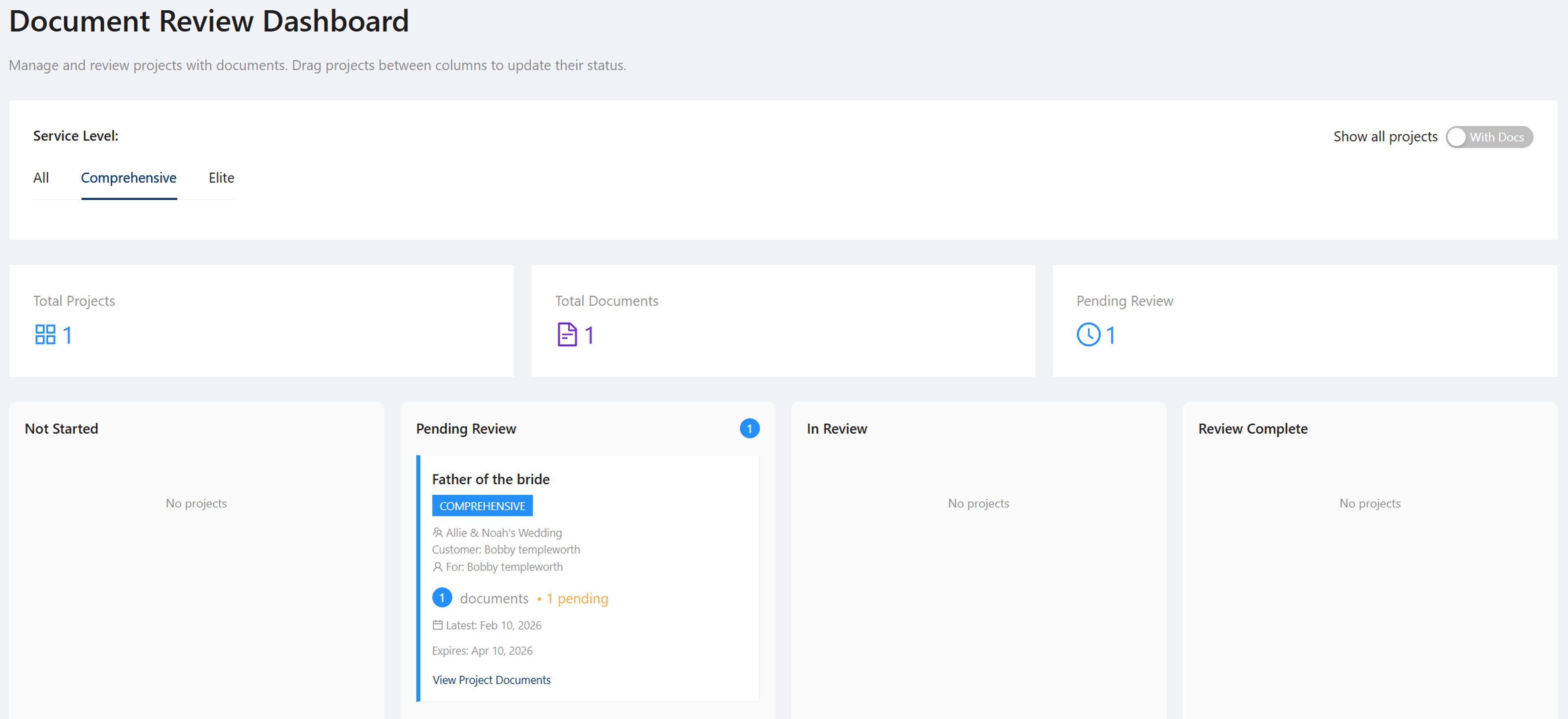 Internal Speech Review Kanban Board showing speech projects
