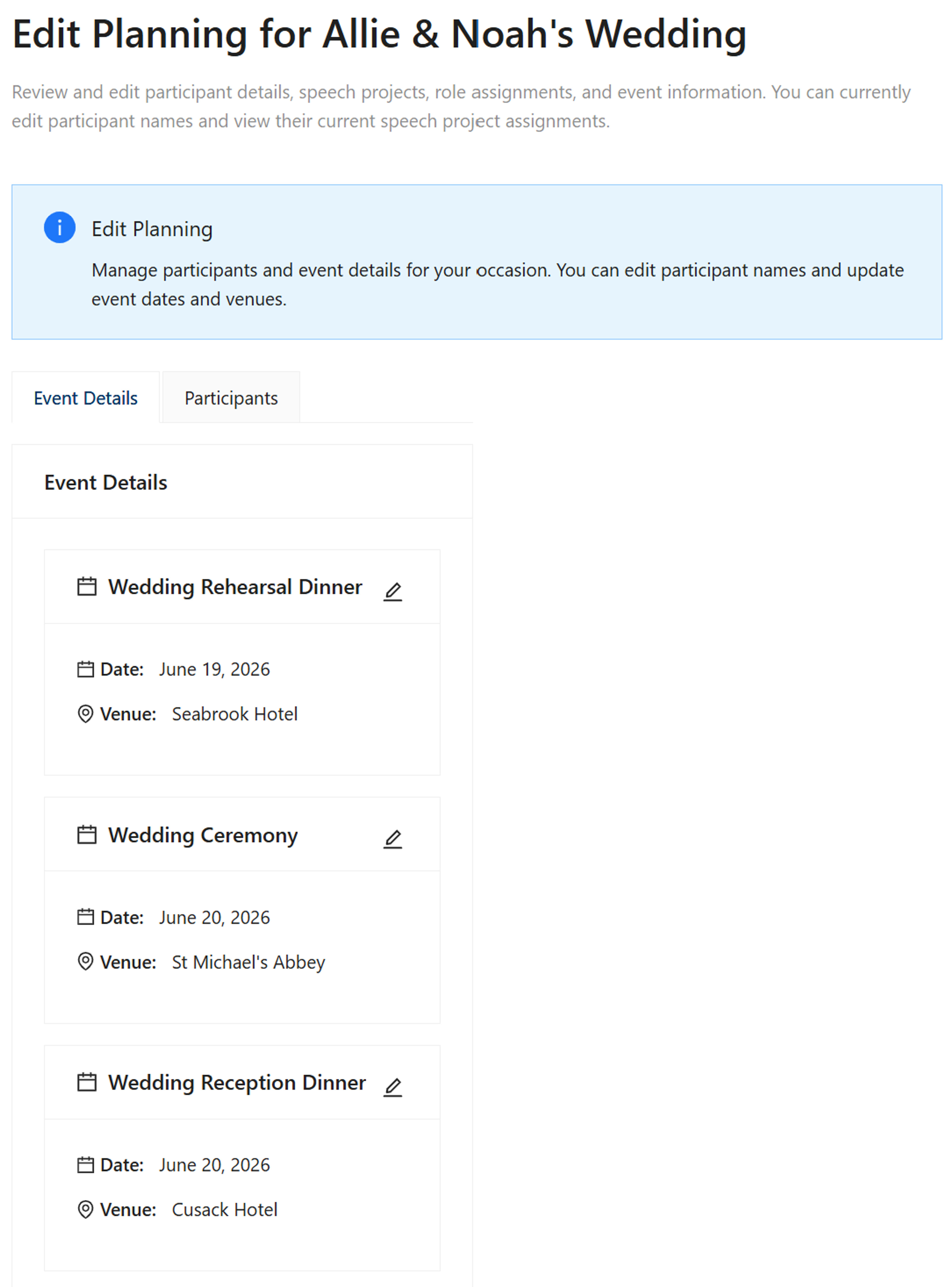 Edit planning events screen showing date and venue editing