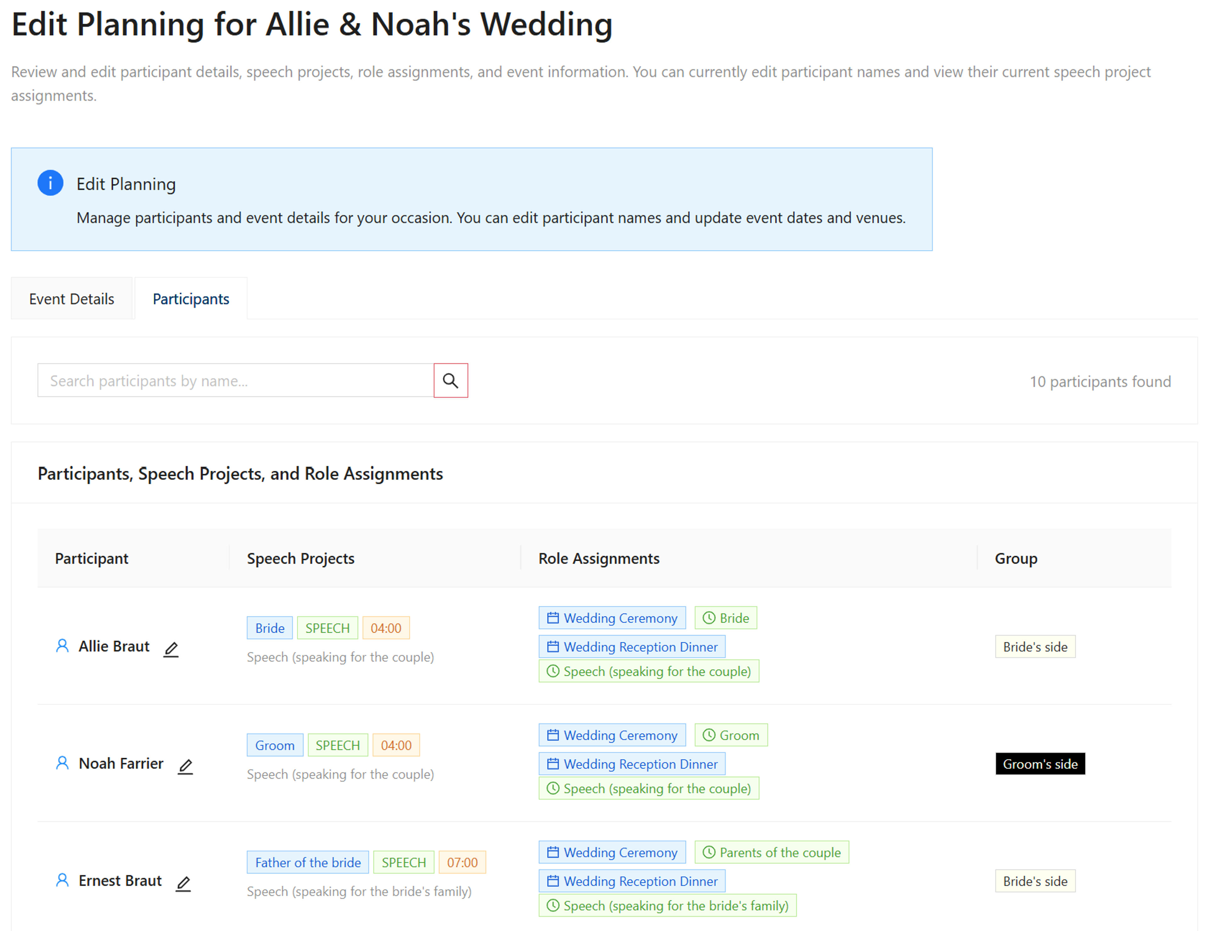 Edit planning participants screen showing participant name editing