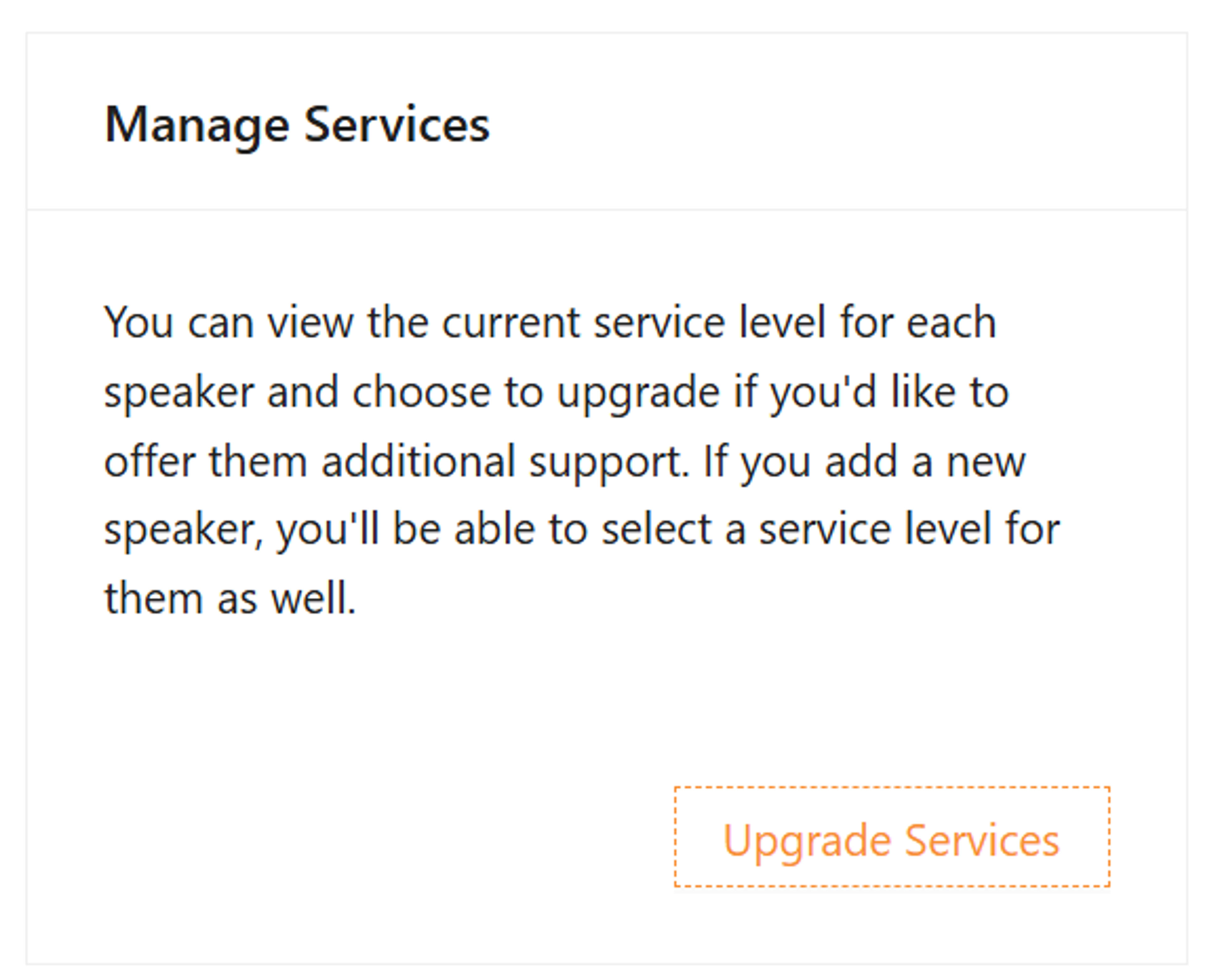 Organizer's Manage Services screen showing upgrade button for speakers