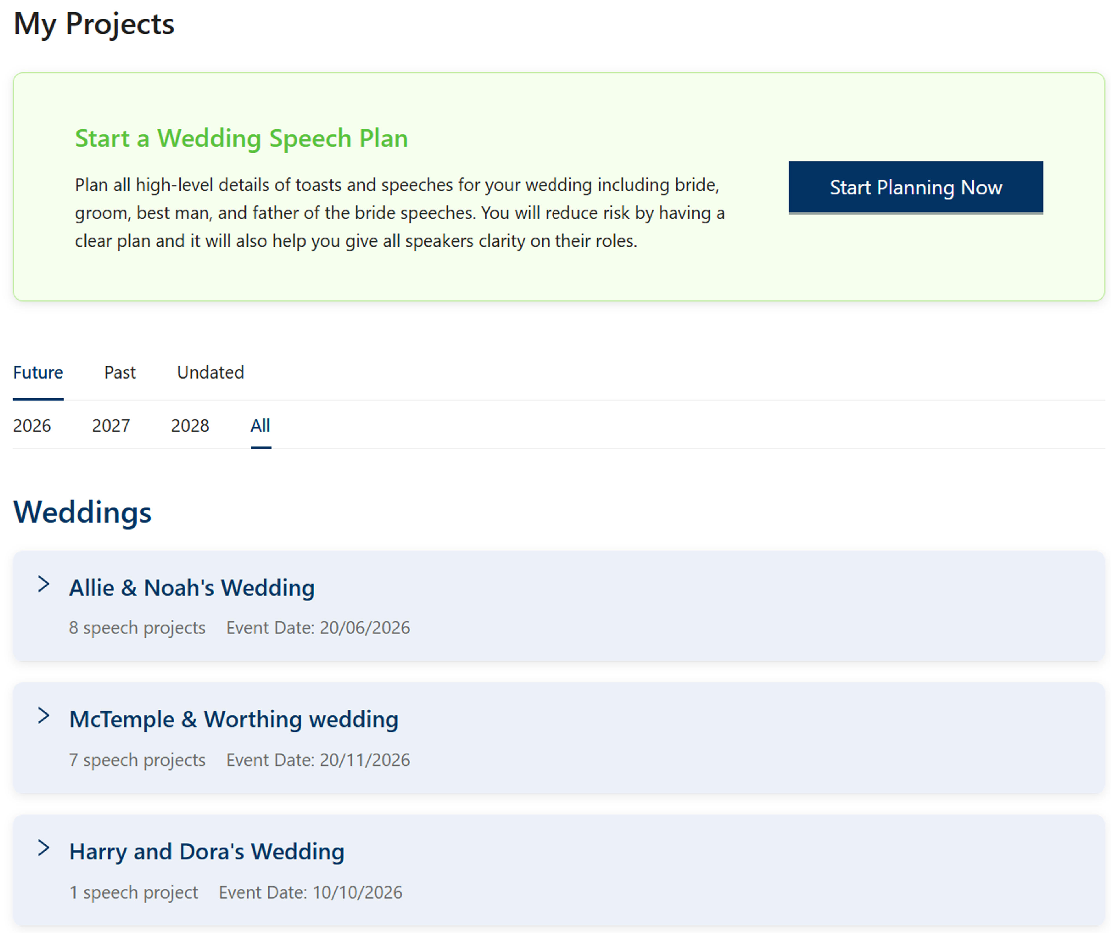 My Projects page showing grouped projects with filter tabs