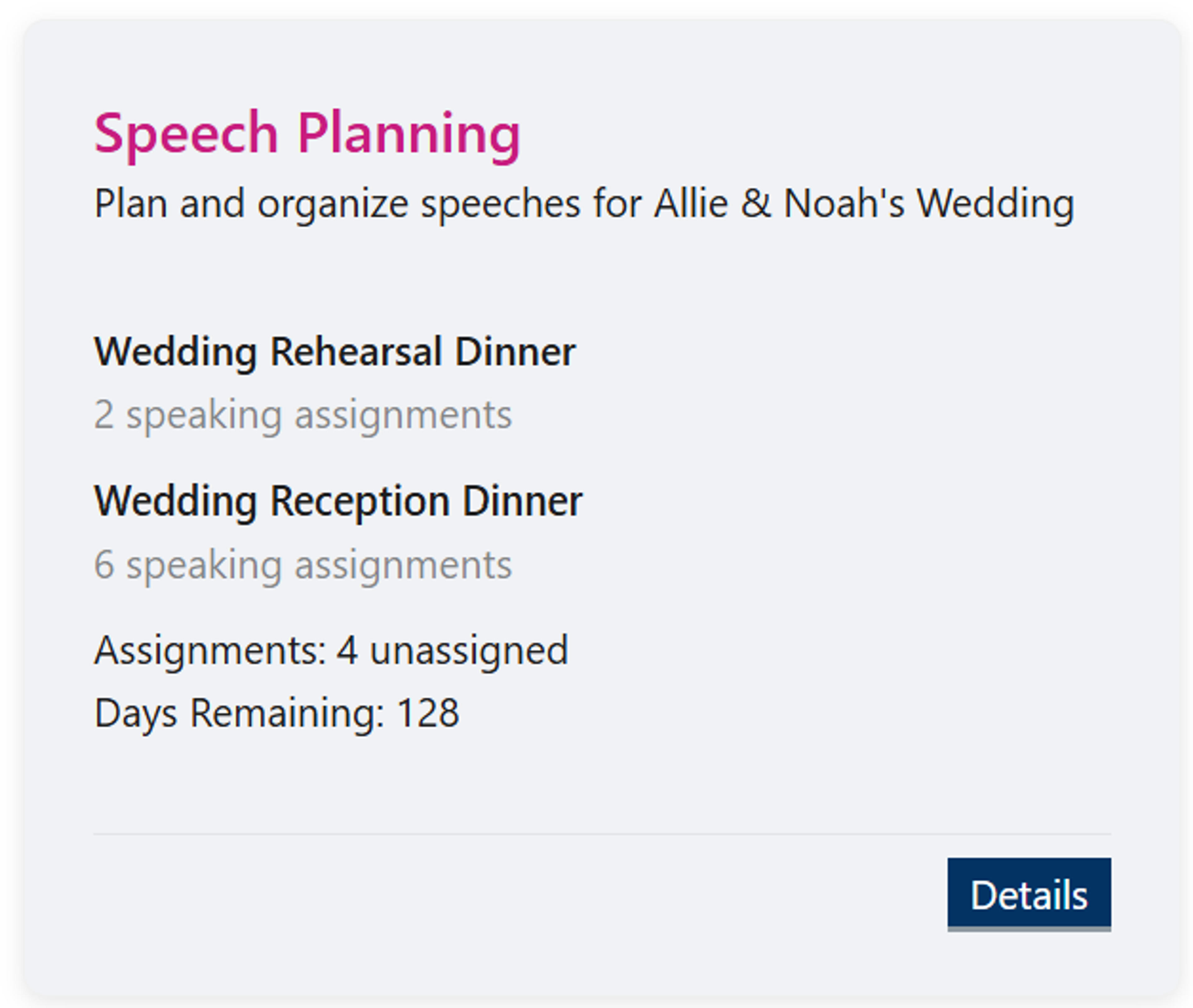 Group view showing speech planning card with event details