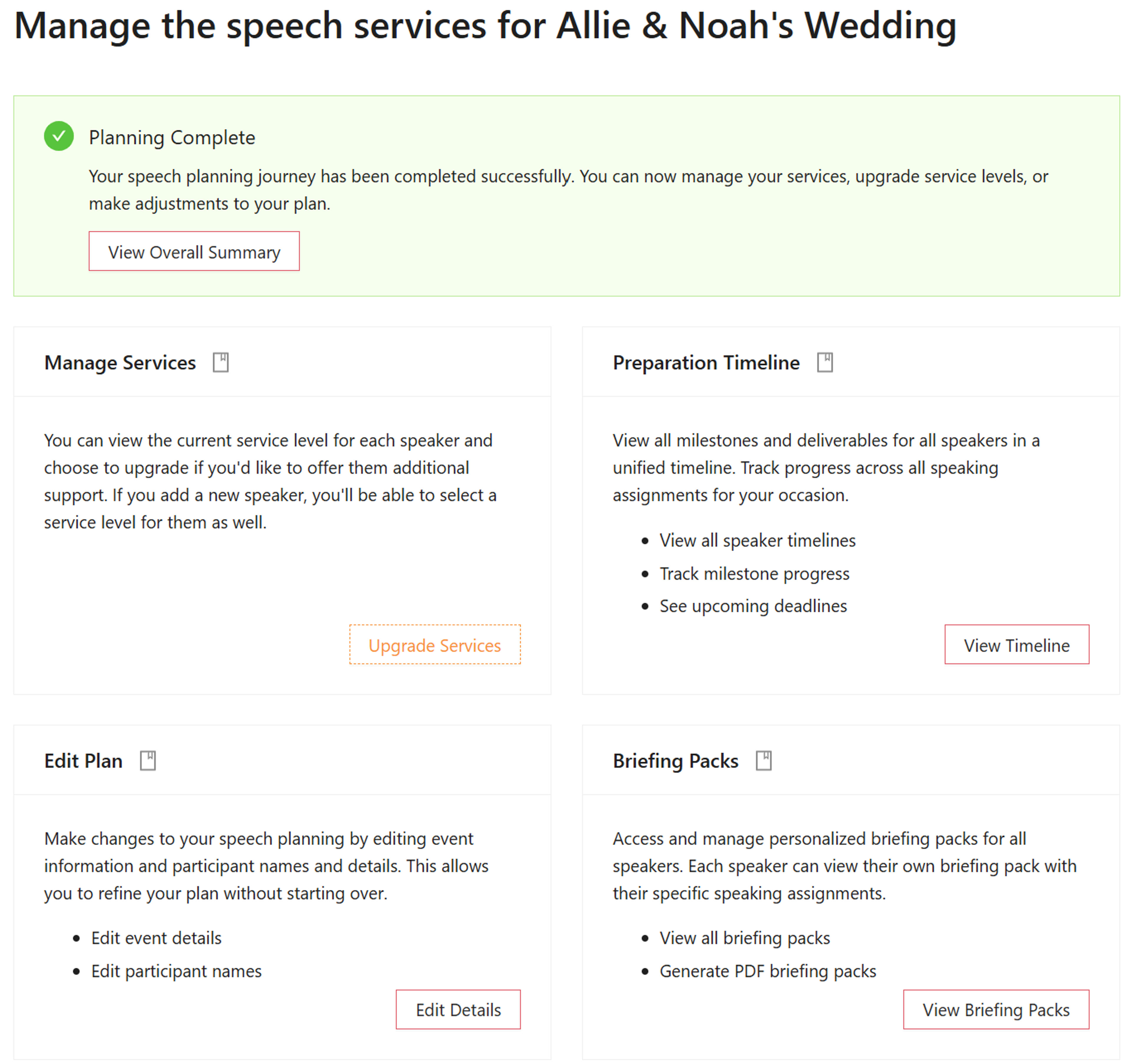 Manage Services screen showing access to Edit Speech Plan