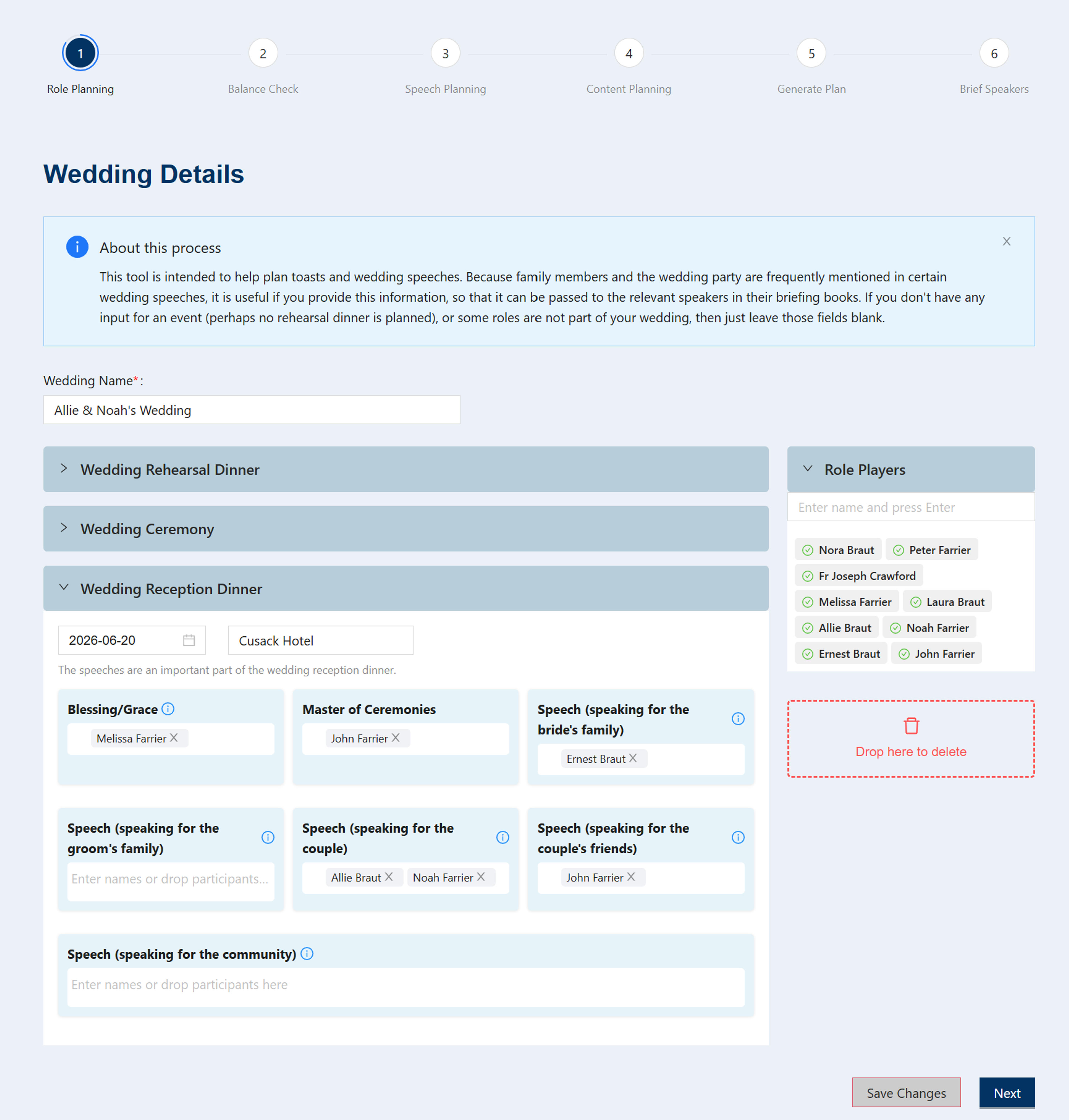 Role Planning screen showing wedding name, couple names, speakers, and wedding party members