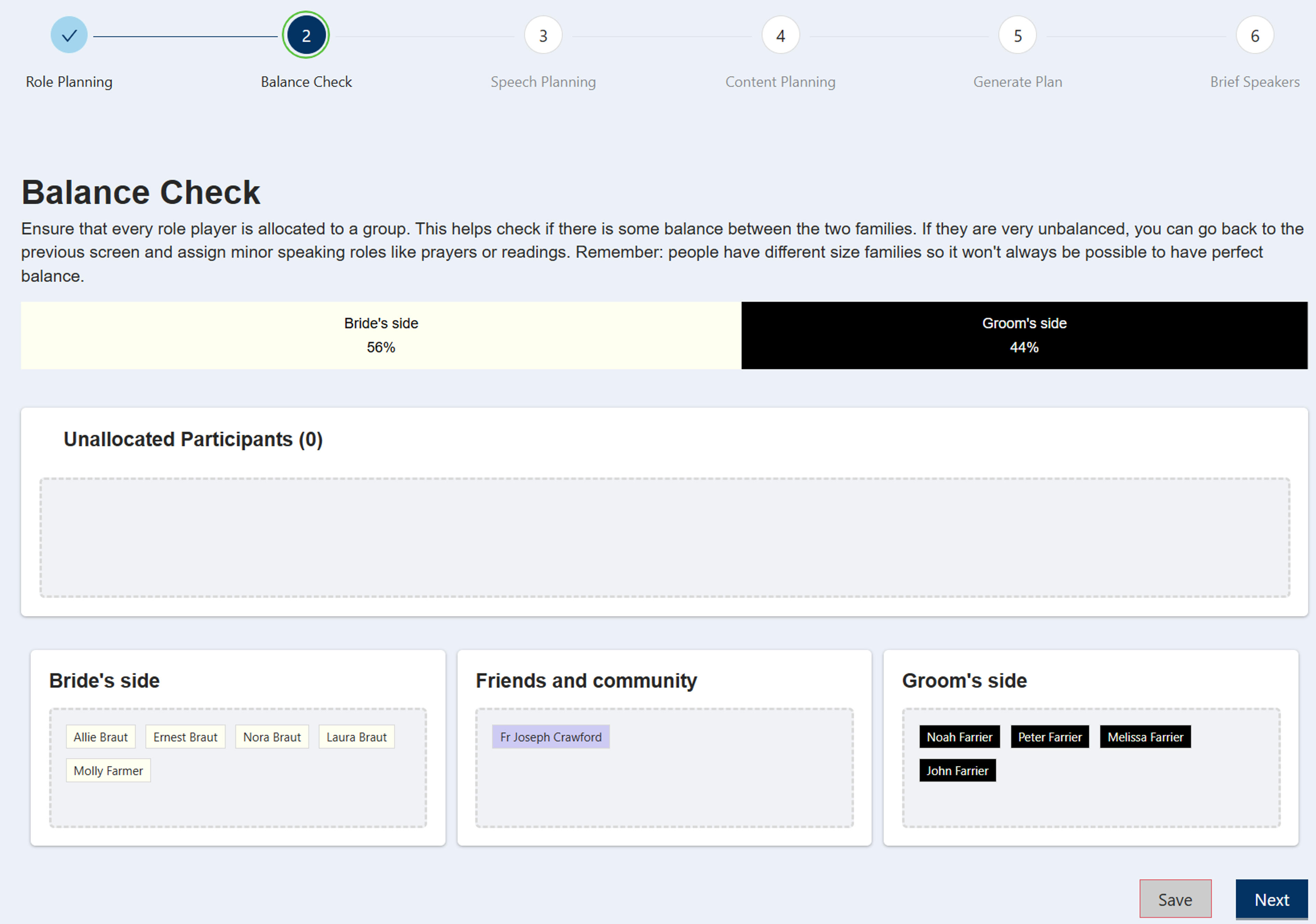 Balance Check screen showing participant allocation and wedding party balance