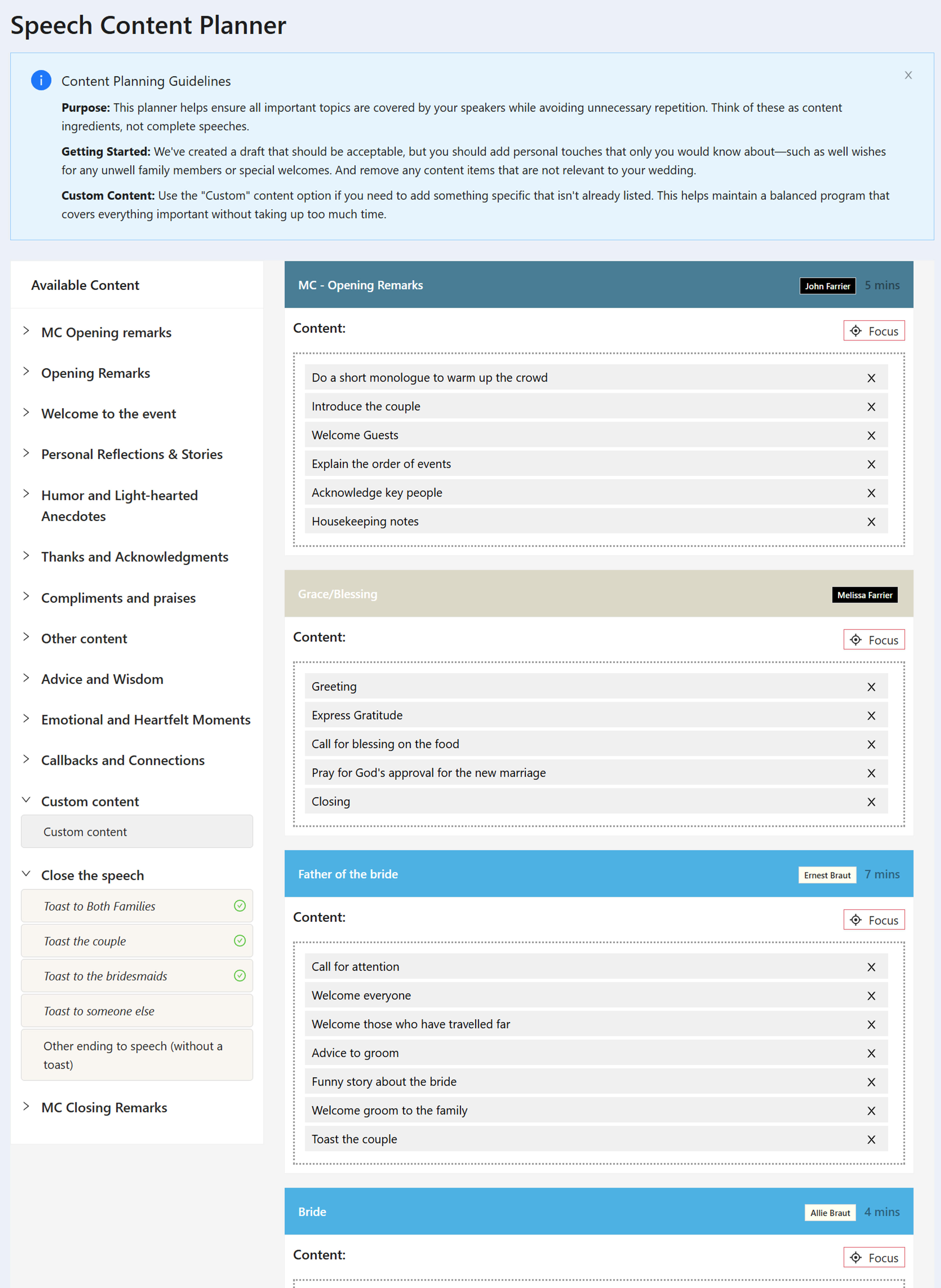 Content Editor screen showing content items for each speech with editing capabilities