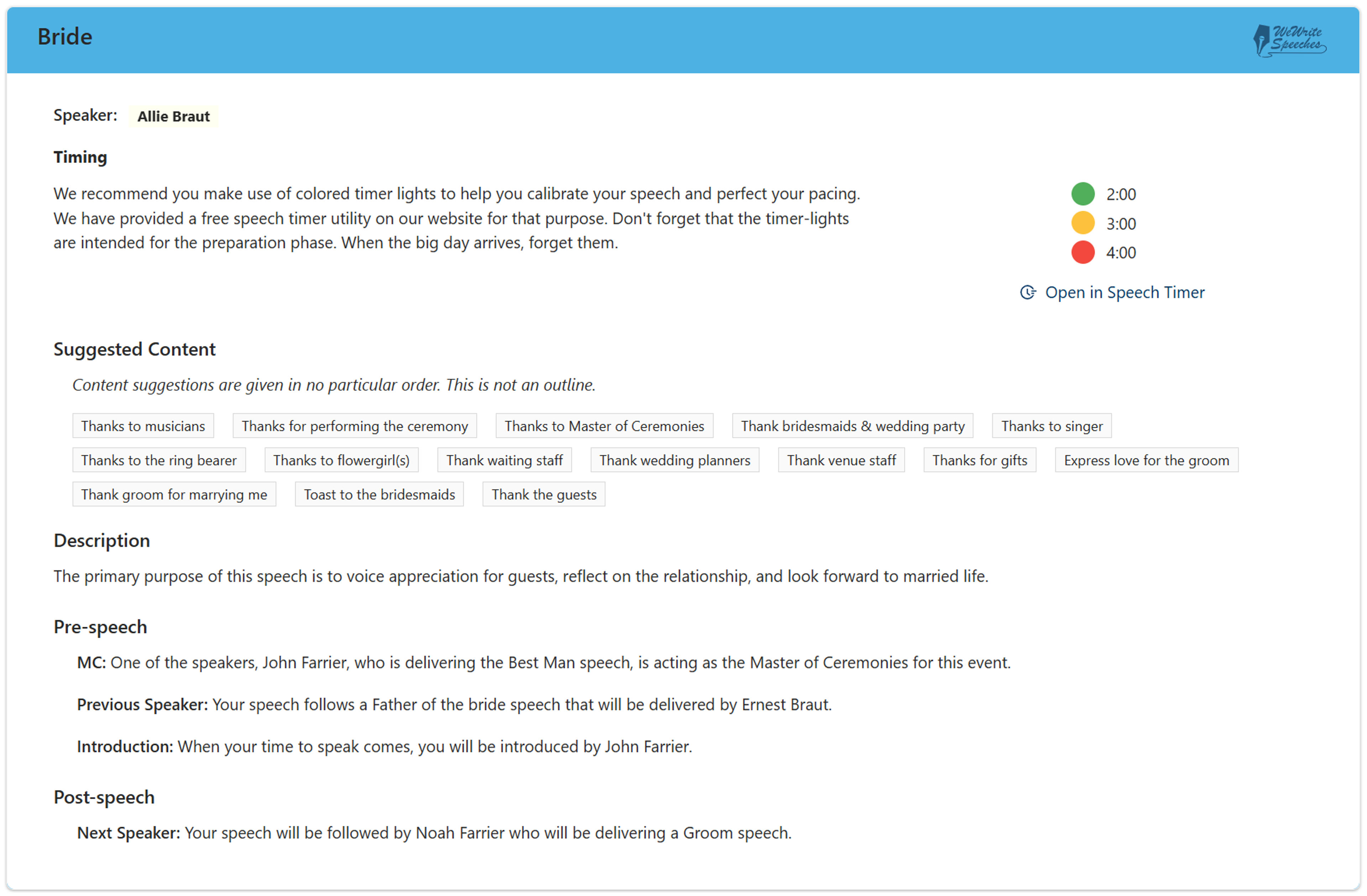 Detailed speaker card showing timing, suggested content, description, and pre/post-speech information