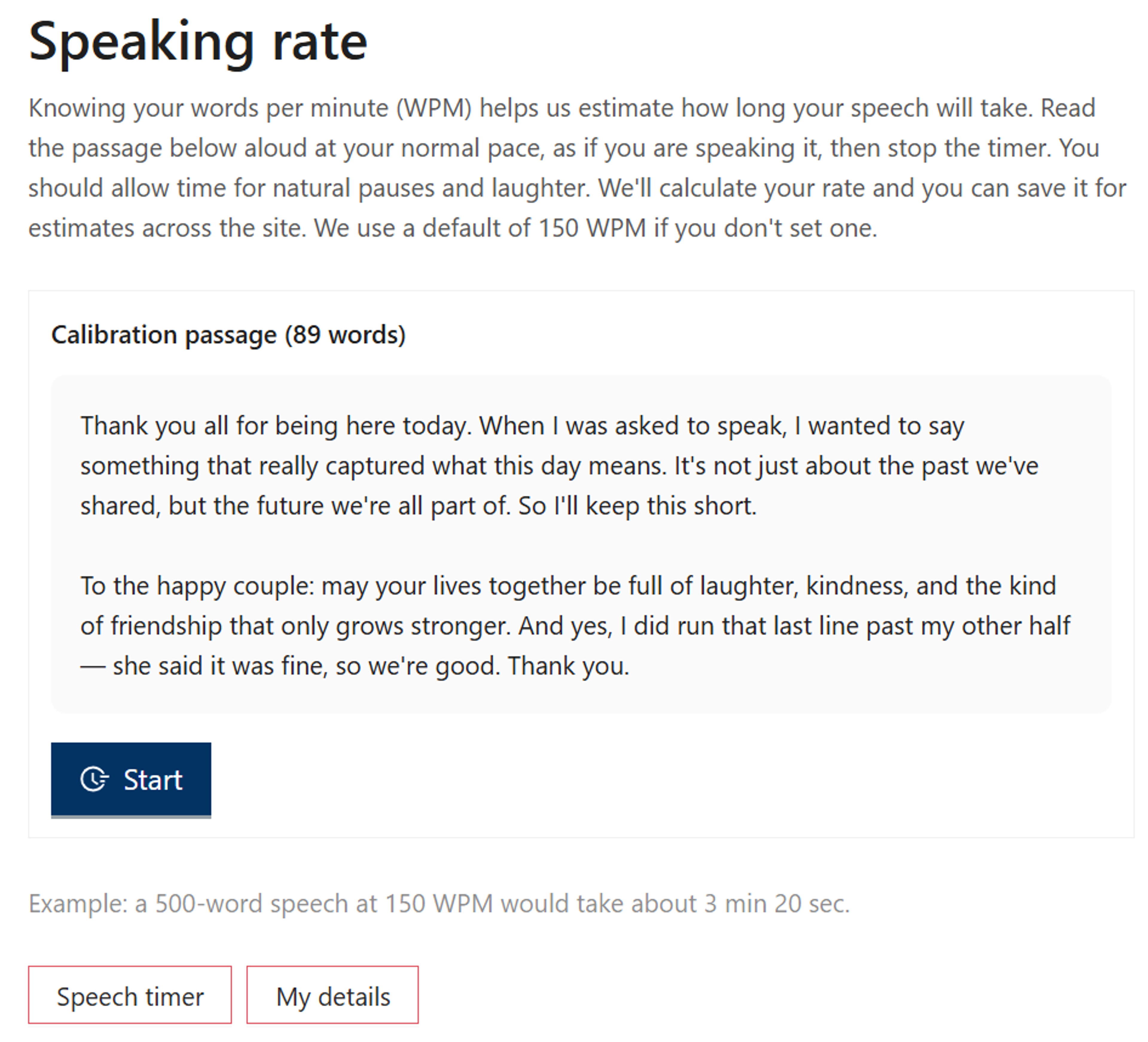 Speaking rate calculator showing calibration passage and words per minute result