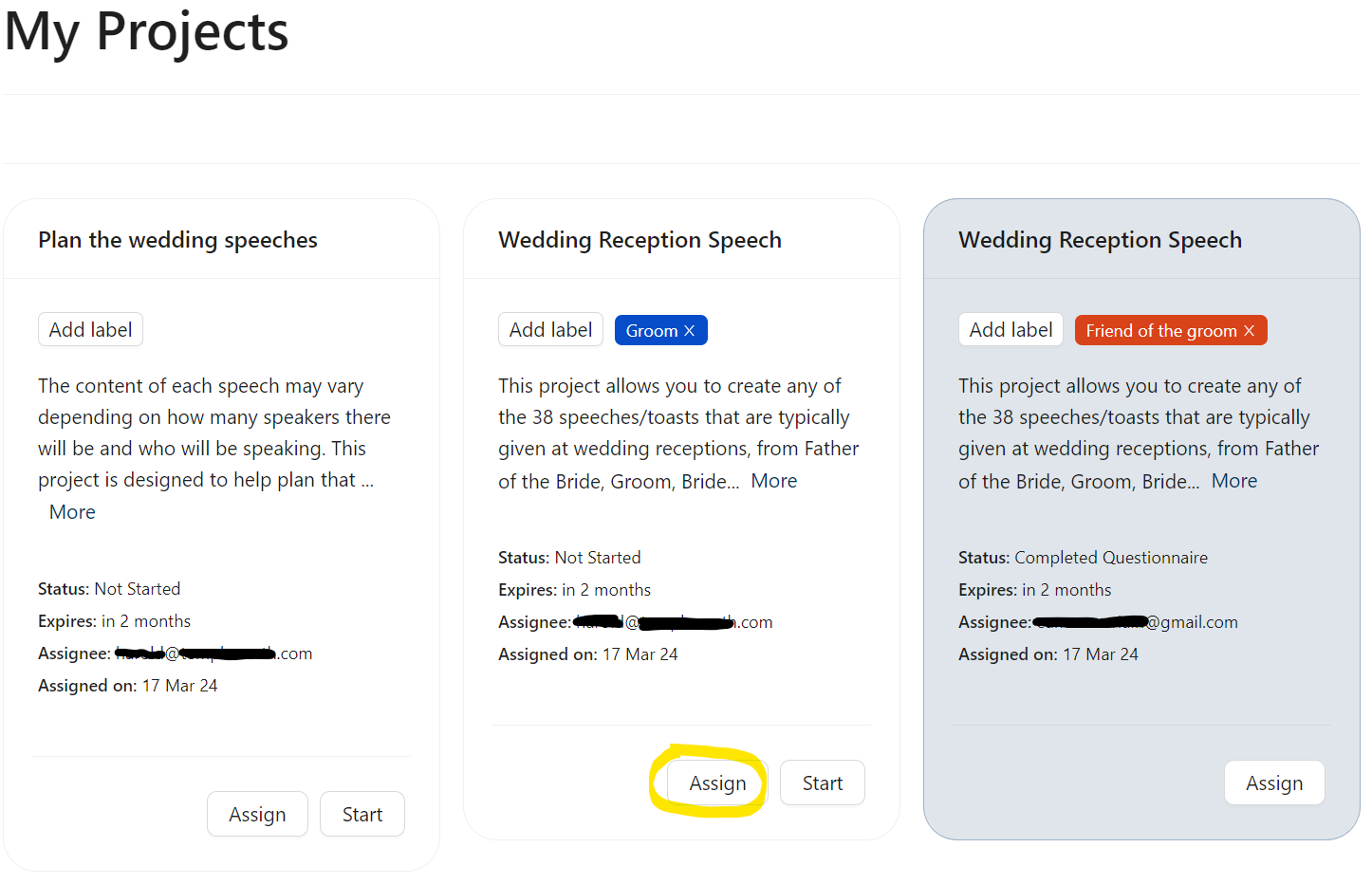 WeWriteSpeeches My Projects page showing speechwriting with start or assign buttons