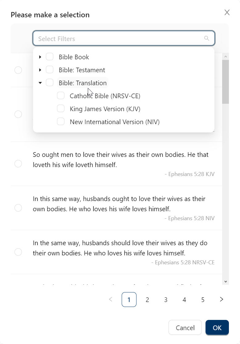 WeWriteSpeeches showing selection of a Bible verse with some filters open