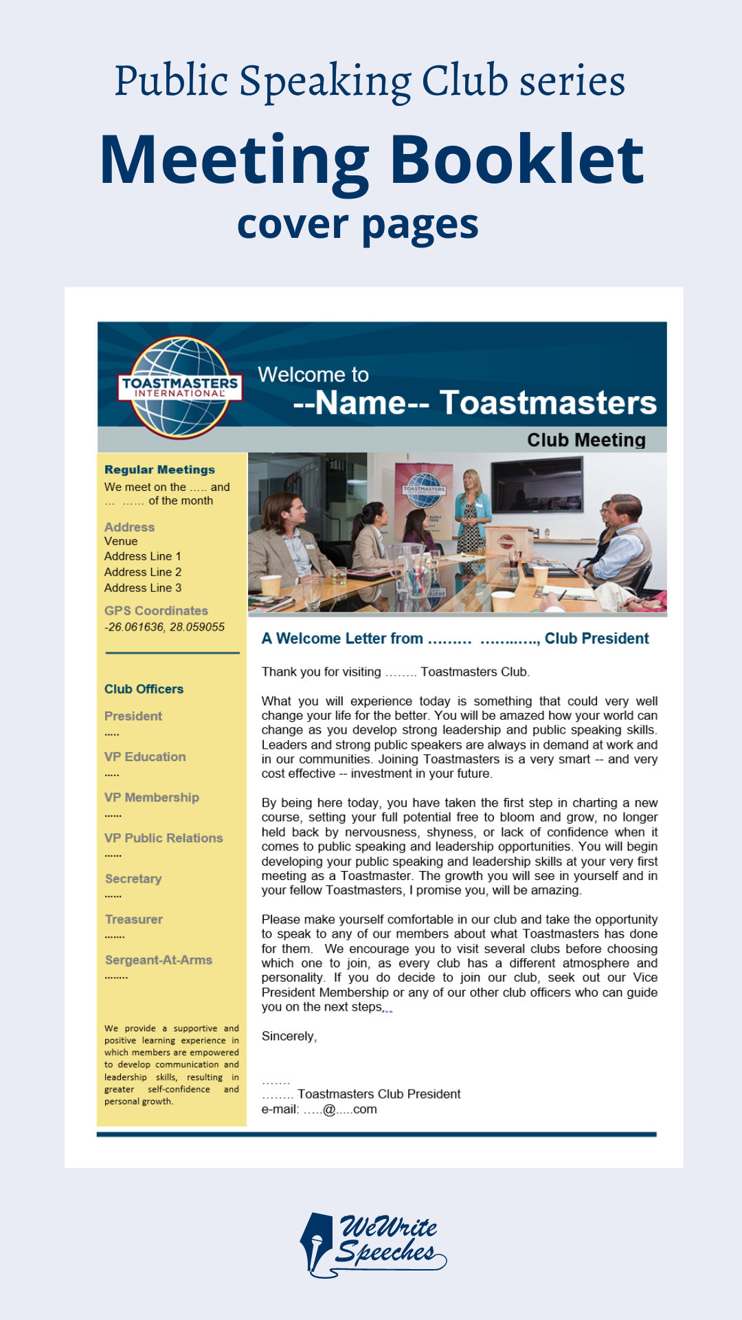 Booklet design for a Toastmasters Meeting Agenda