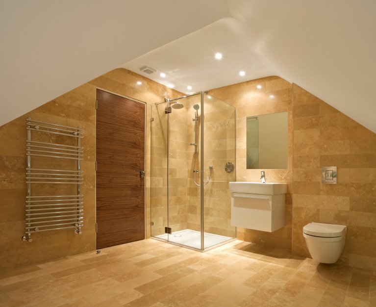 Uniform Floor-to-Ceiling Tile Design Electric Towel Warmer Bathroom