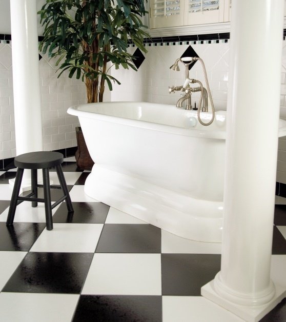 Porcelain Tub Black Stool Checkerboard Floor Indoor Plant Bathroom