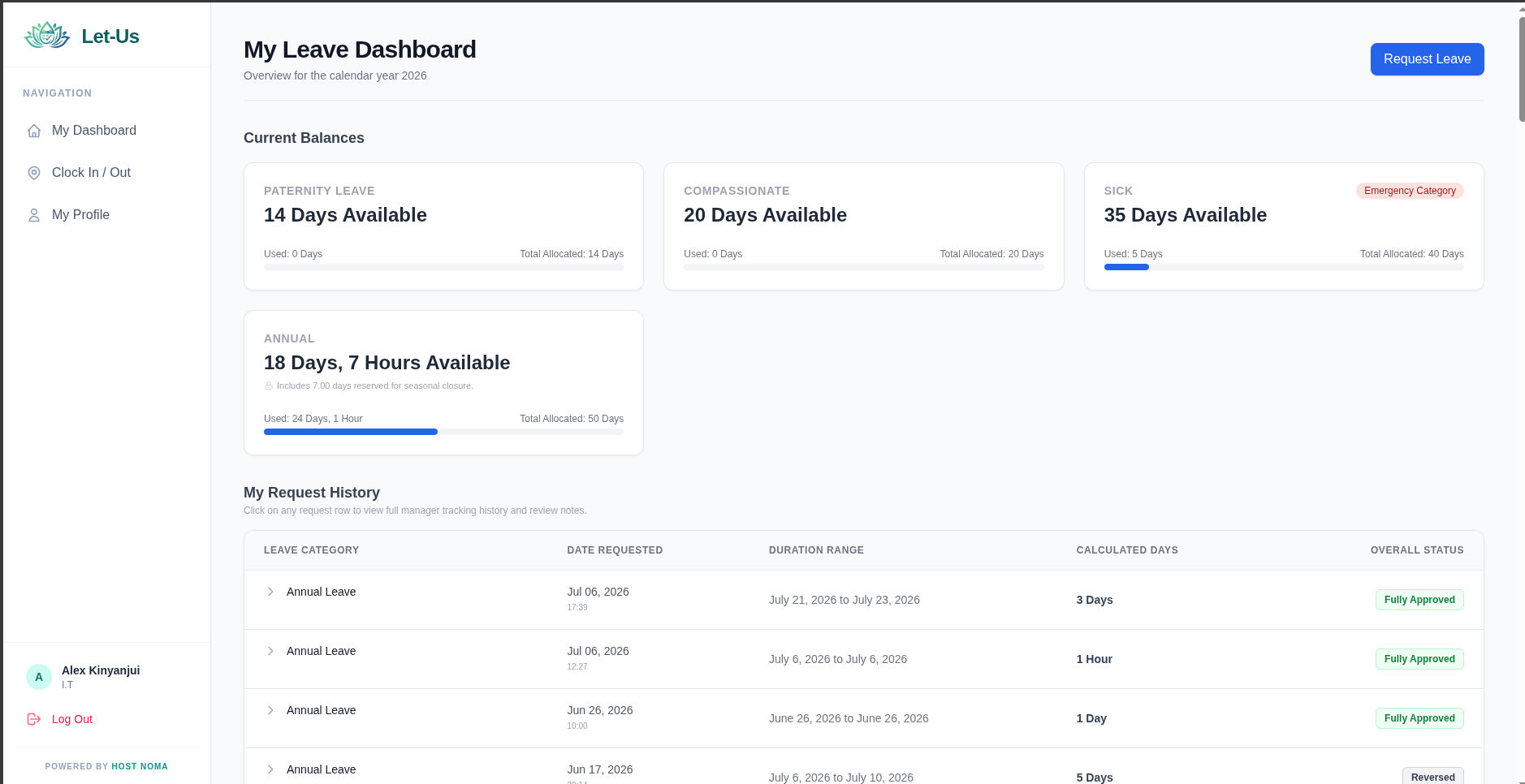 Let-Us Employee Dashboard displaying leave balances