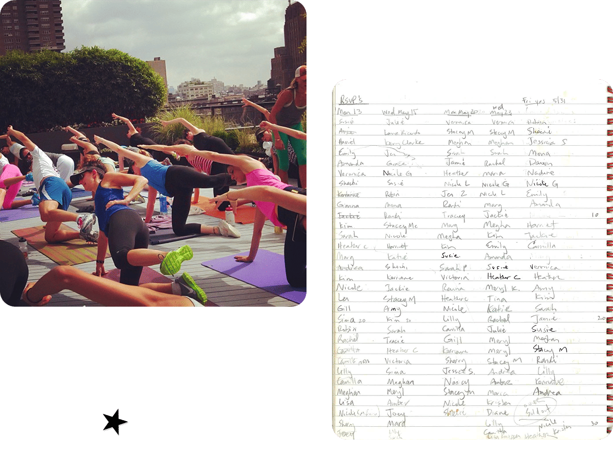 People exercising on roof, list of names in notebook
