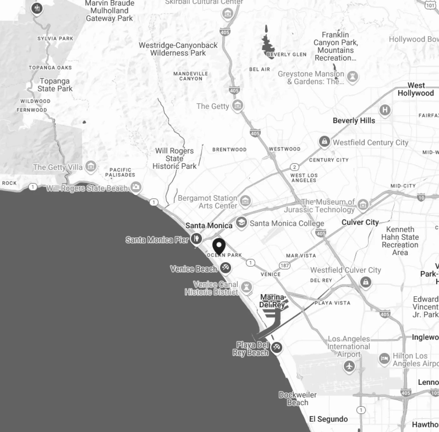 Map of Santa Monica and nearby Los Angeles neighborhoods with a marker near Ocean Park