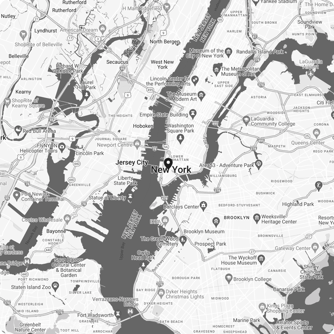 Map of New York City and nearby areas with a marker in Tribeca