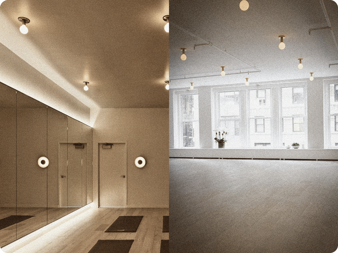 LA and NYC fitness studios shown side by side with mirrored workout space and bright windowed room