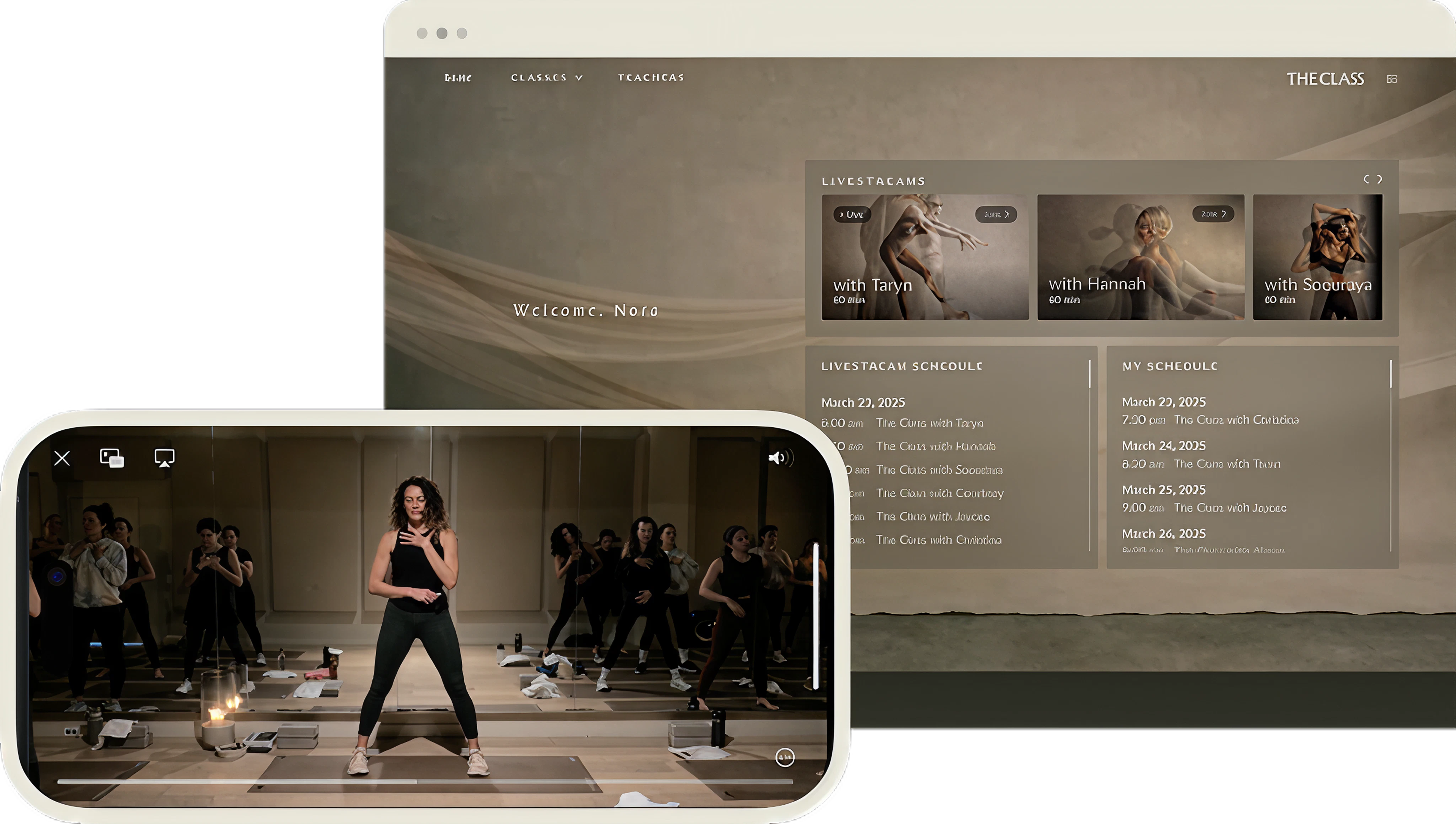 The Class fitness platform showing livestream schedules and a workout video on desktop and mobile