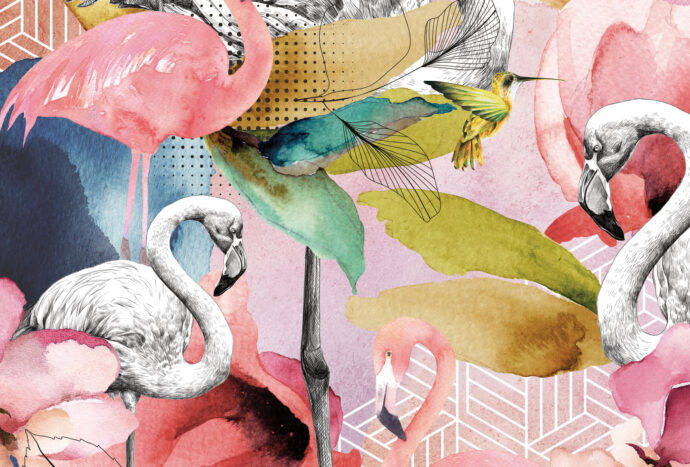 flamingo op behang
