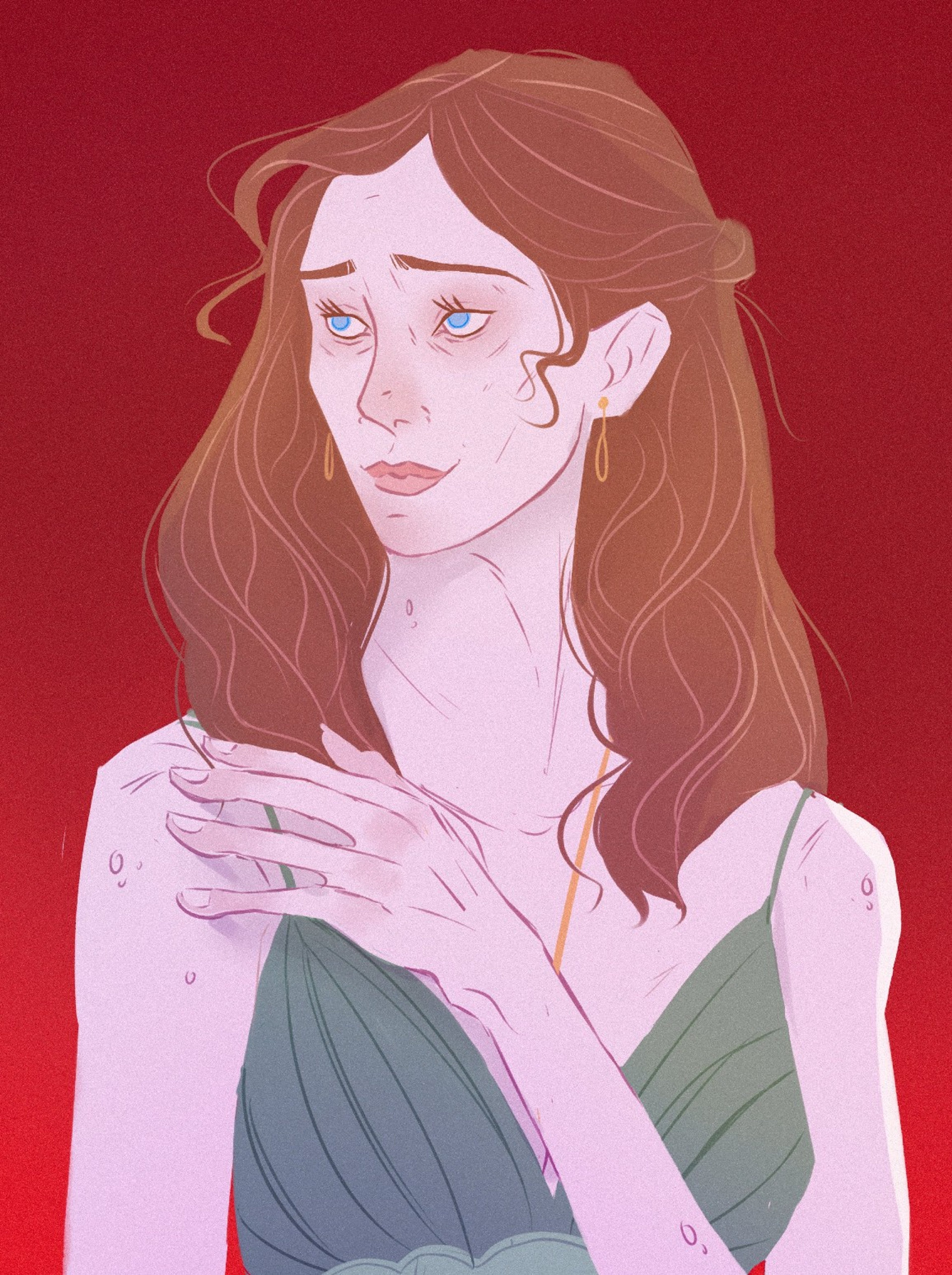 A young woman with long brown hair and blue eyes, wearing a gray dress or top, with a pensive expression on her face against a red background.