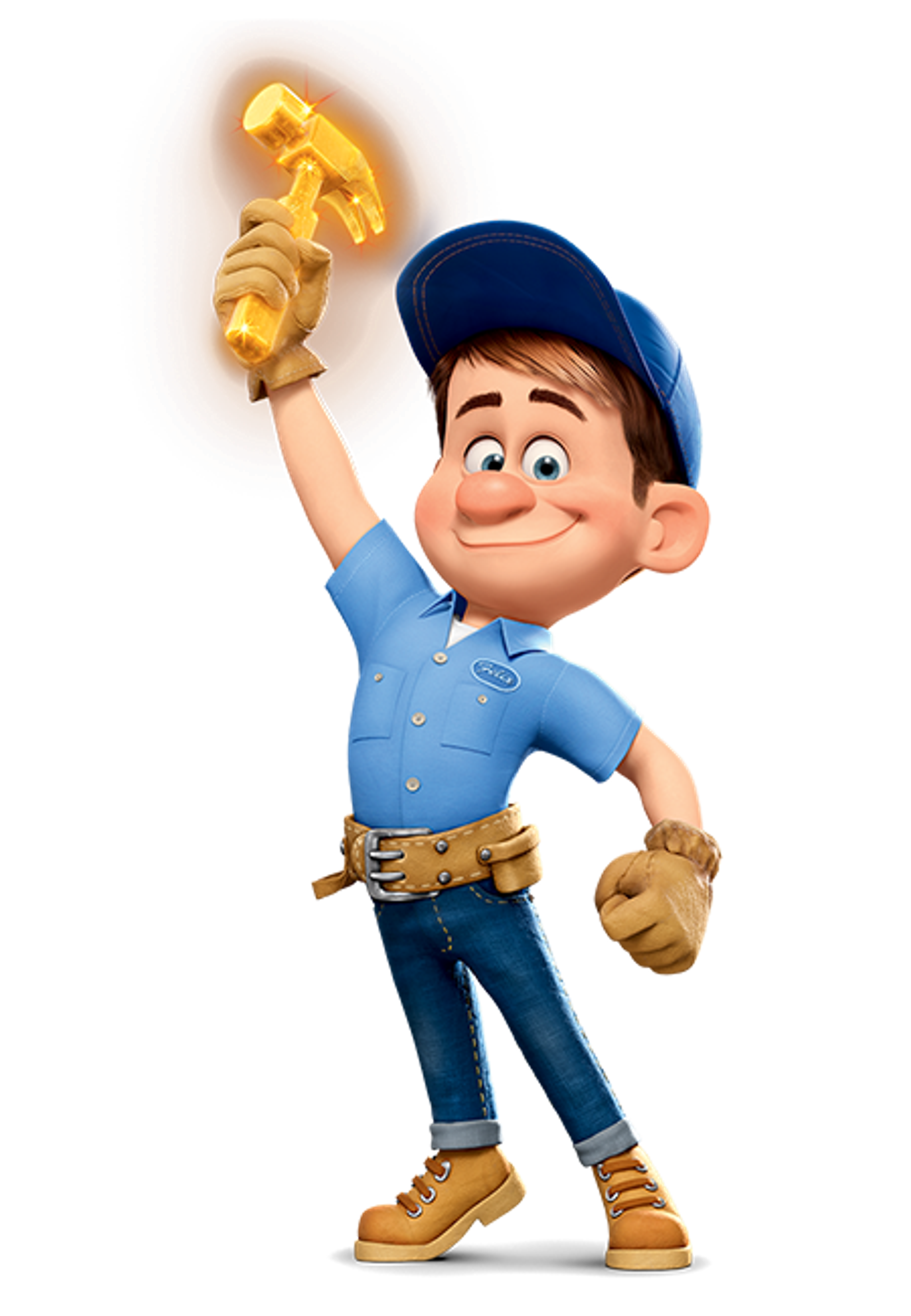 A cartoon character named Fix-It Felix Jr. holding a golden hammer