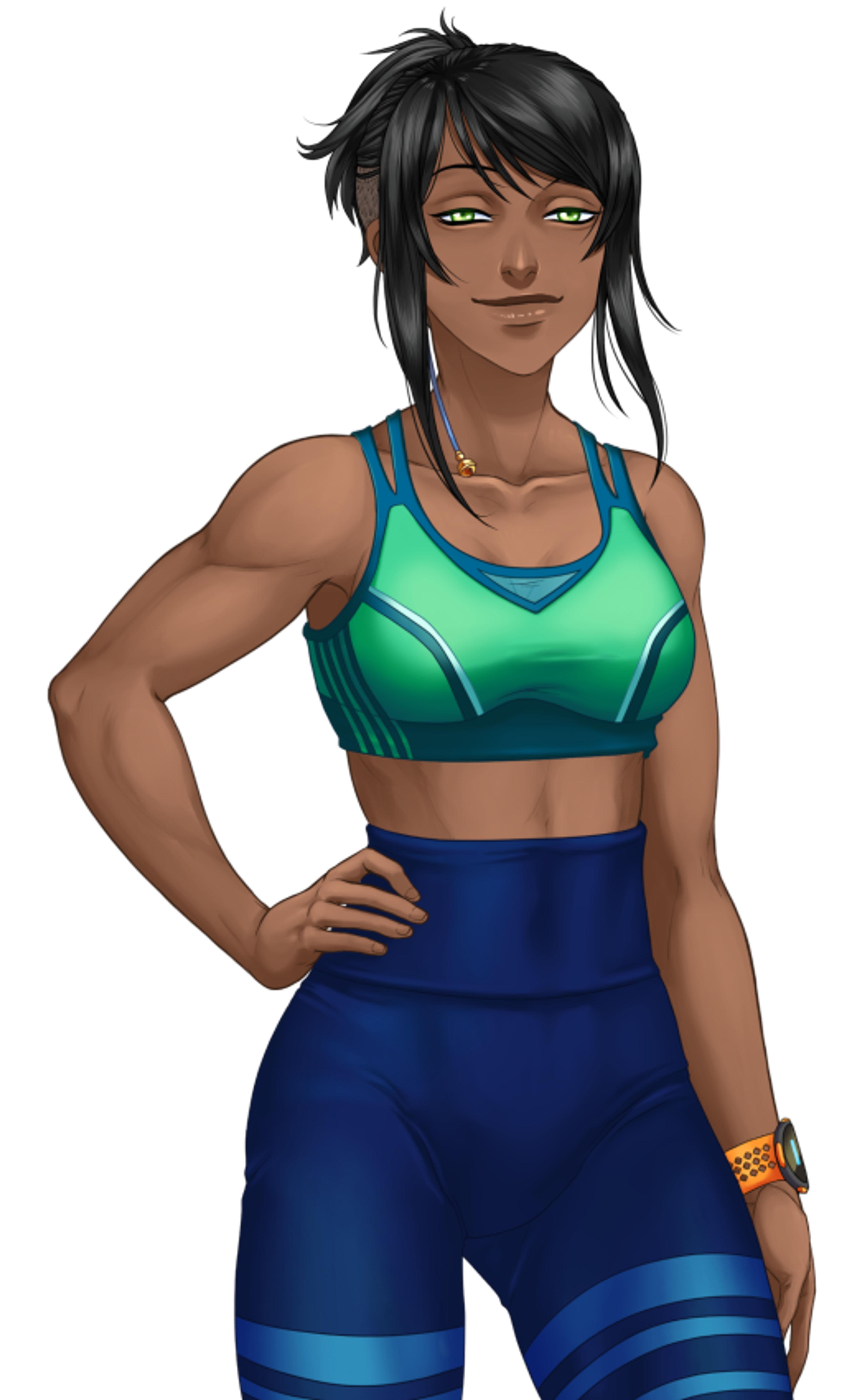 A strong, athletic woman with green eyes and black hair wearing a green sports bra and blue shorts.