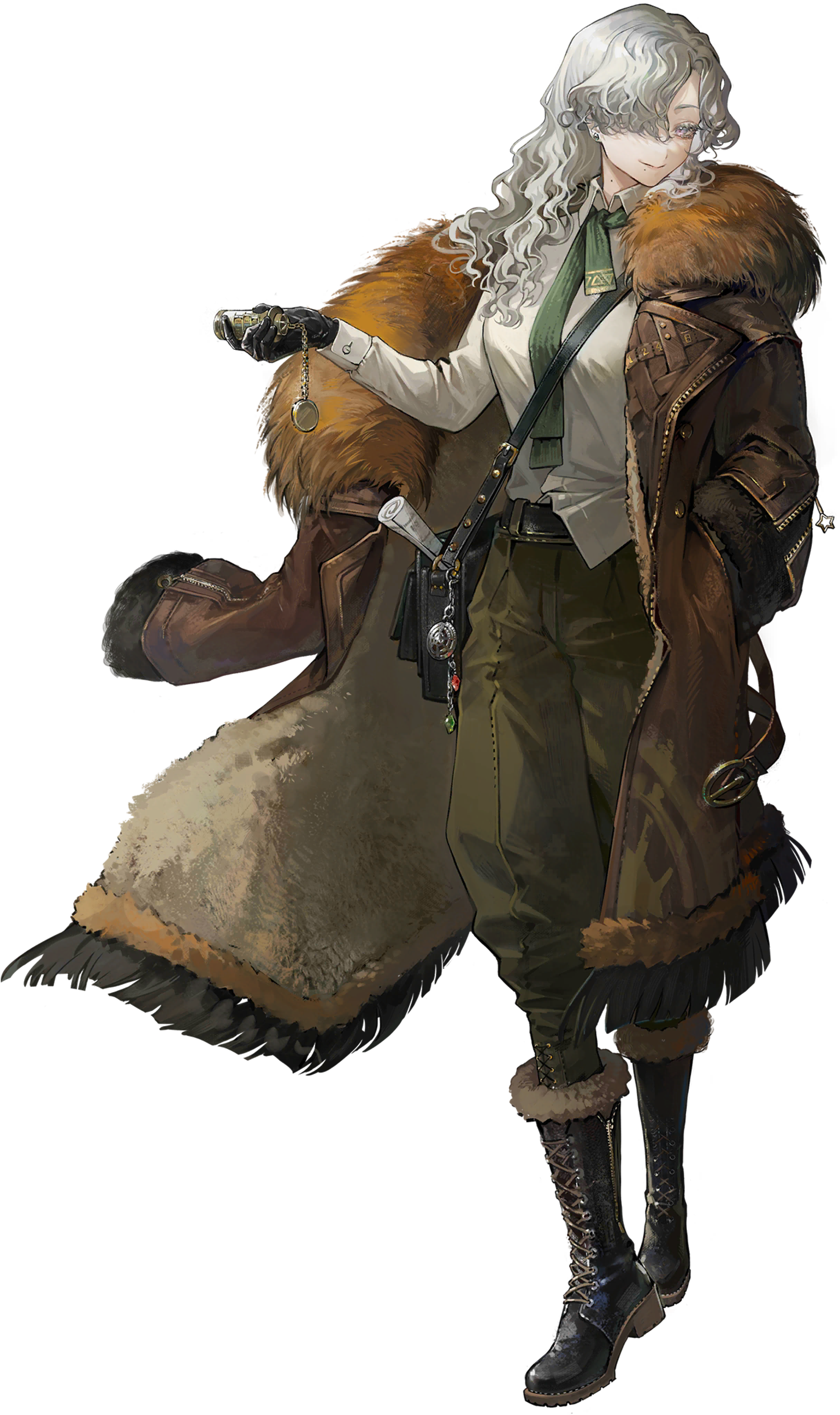 A young woman with silver-white hair wearing a brown coat with fur trim, a green scarf, and black boots.