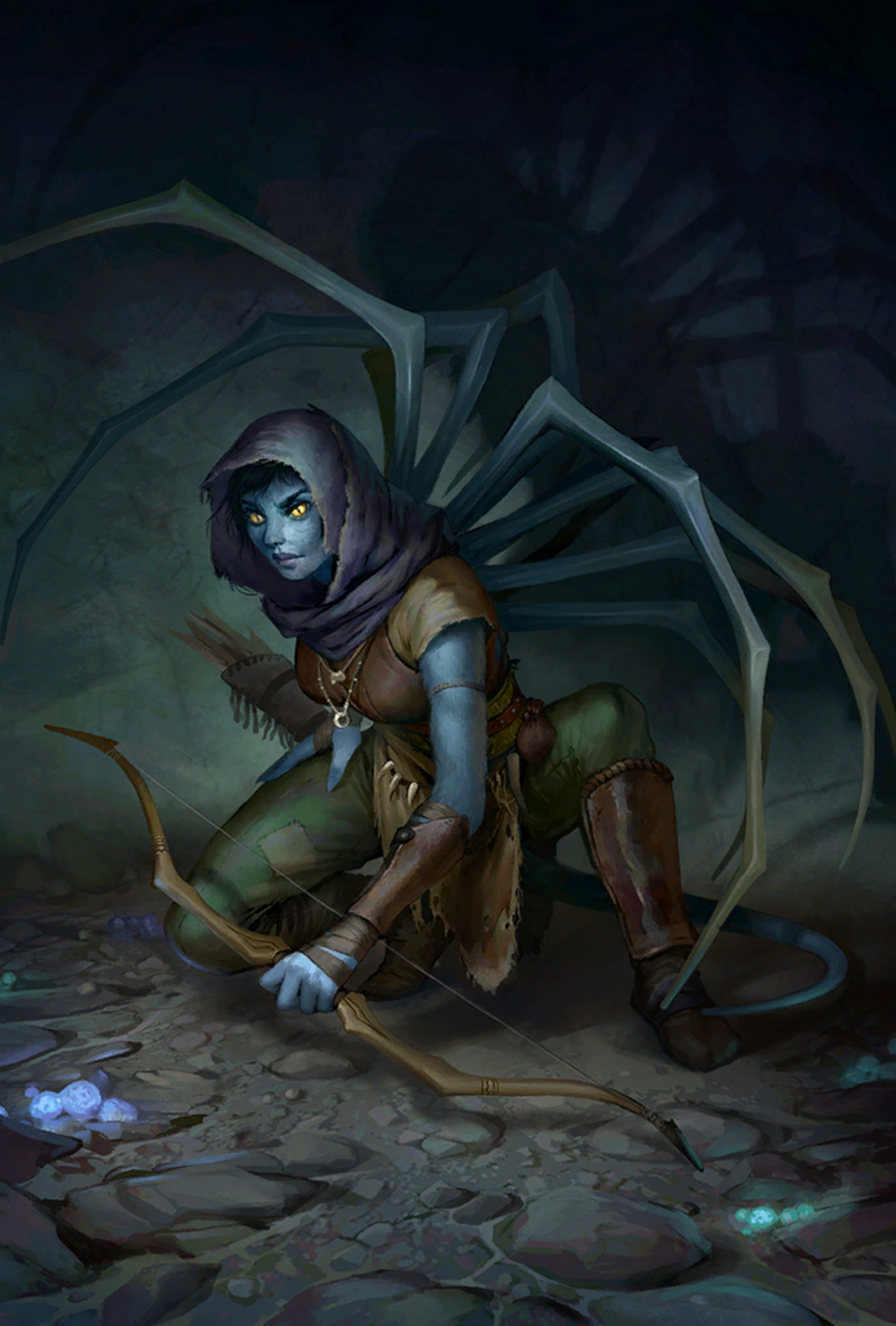 A fierce-looking blue-skinned female warrior with a bow, crouched in a combat stance in a dark, rocky environment.