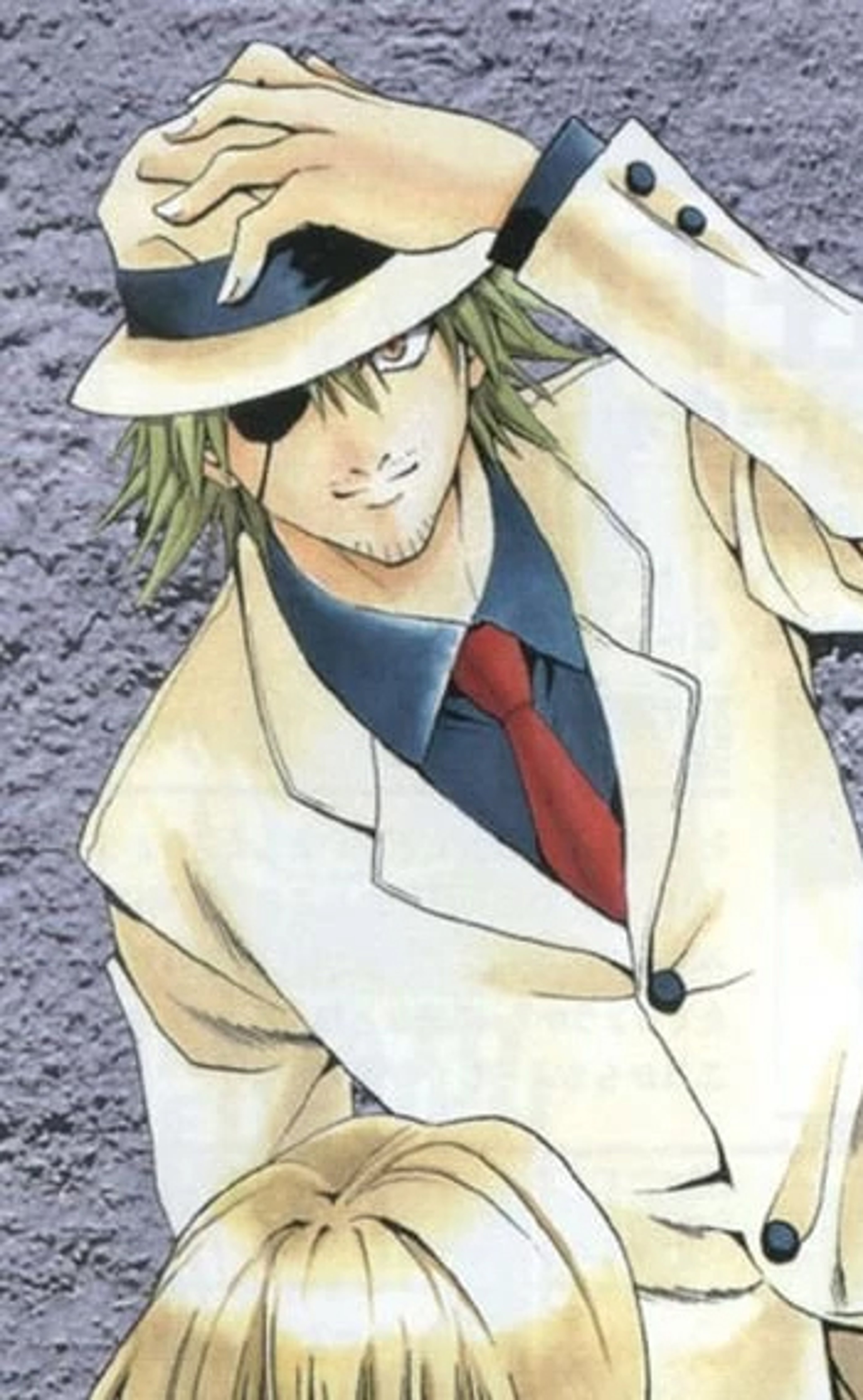 A young man with green hair wearing a white suit and hat, with an eyepatch over his right eye.