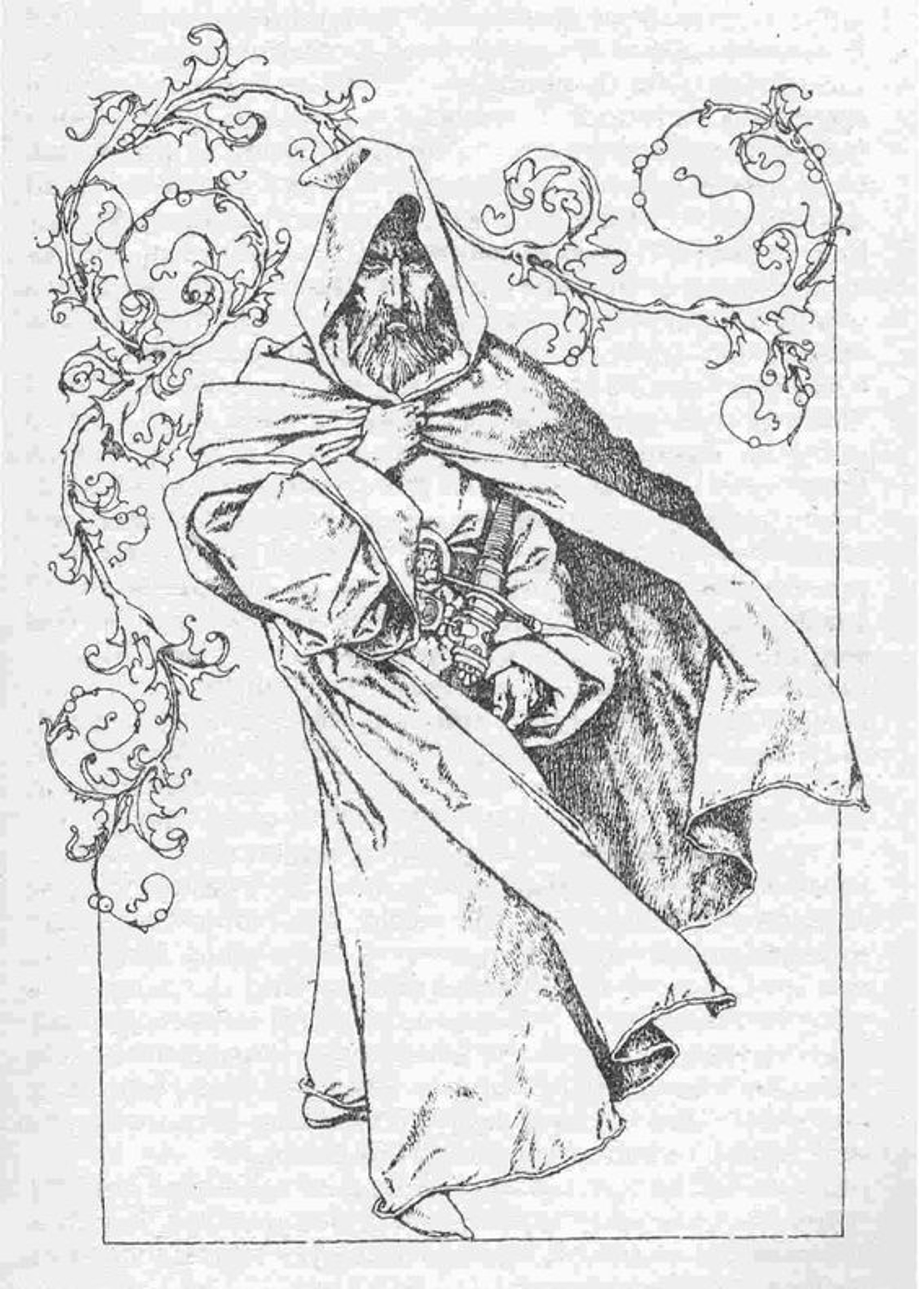A detailed illustration of a tall, dark-robed figure with piercing black eyes