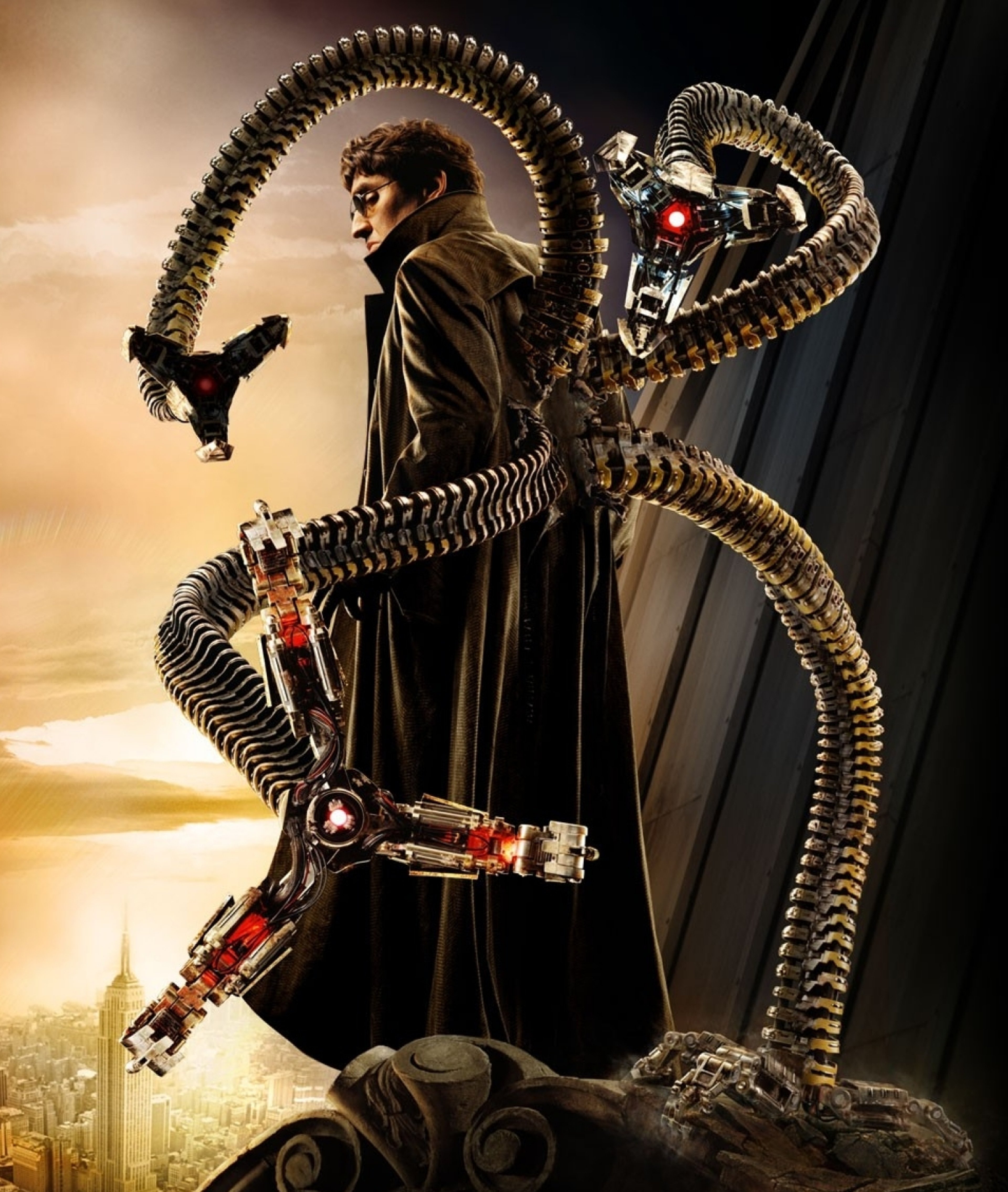 A man with mechanical tentacles extending from his back, in a confrontational pose.