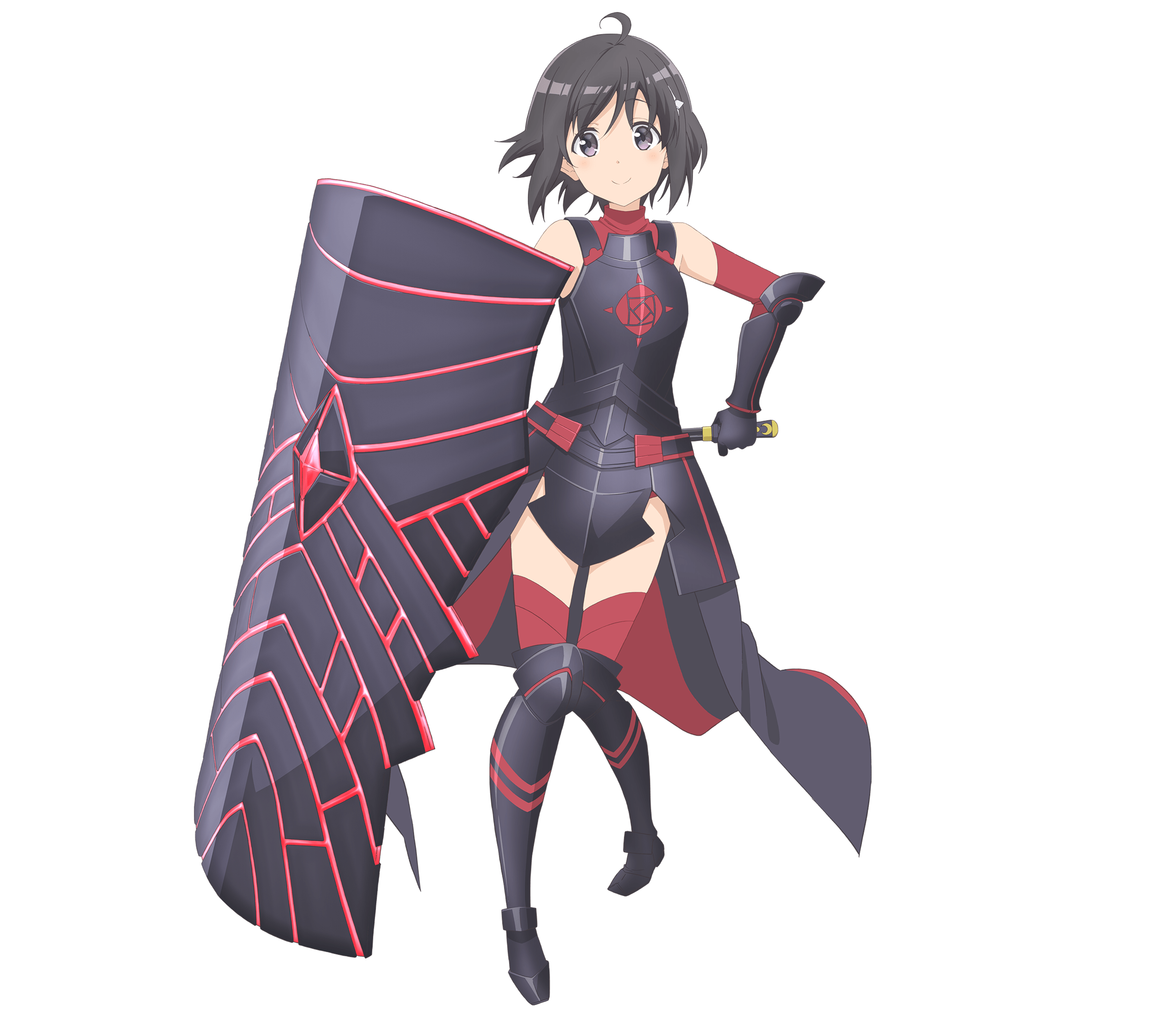 An anime-style character in black and red armor, standing in a heroic pose.