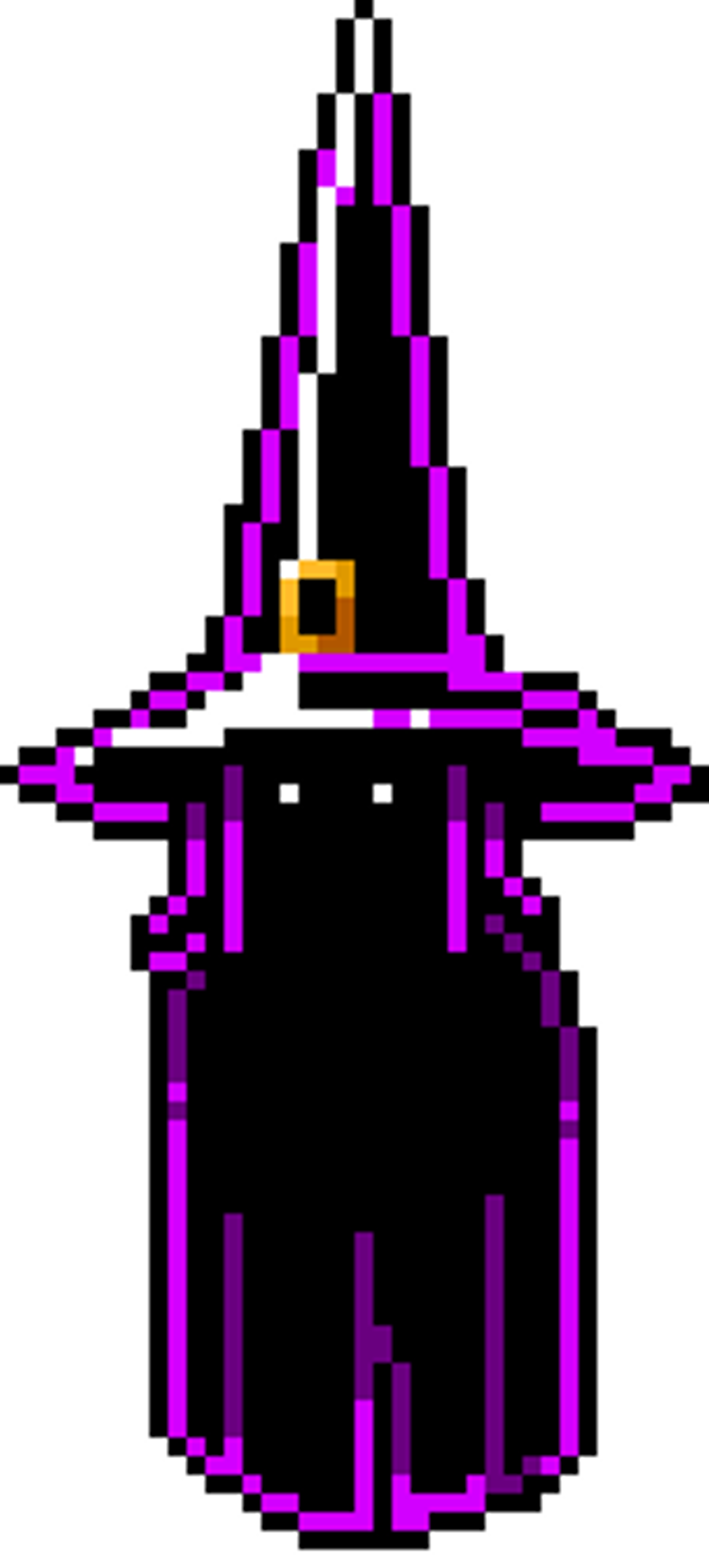 A tall, mysterious purple-robed figure with a pointed hat and glowing white eyes, hovering above the ground.